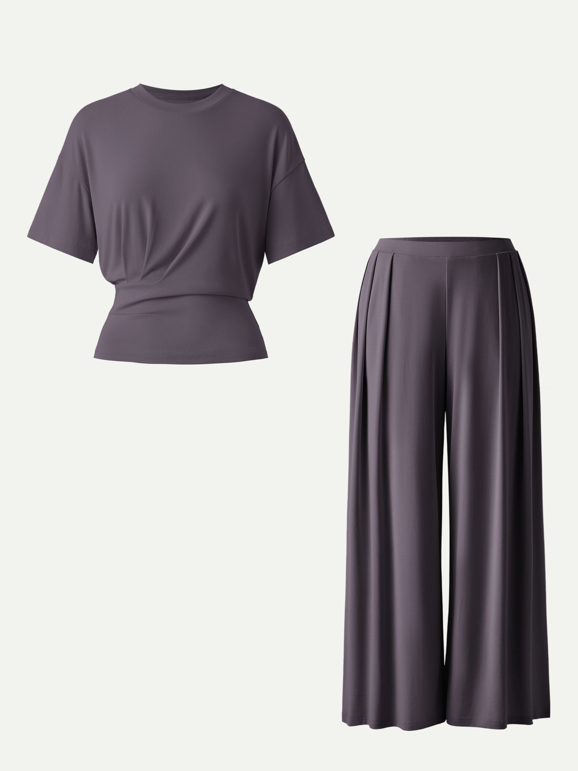 2Pcs Set Crewneck Short Sleeve Tee & Mid Rise Pleated Wide Leg Pants with Pockets