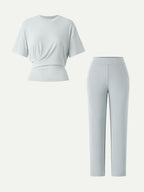 2Pcs Set Crewneck Tucked Tee & Mid Rise Tapered Pants with Pockets