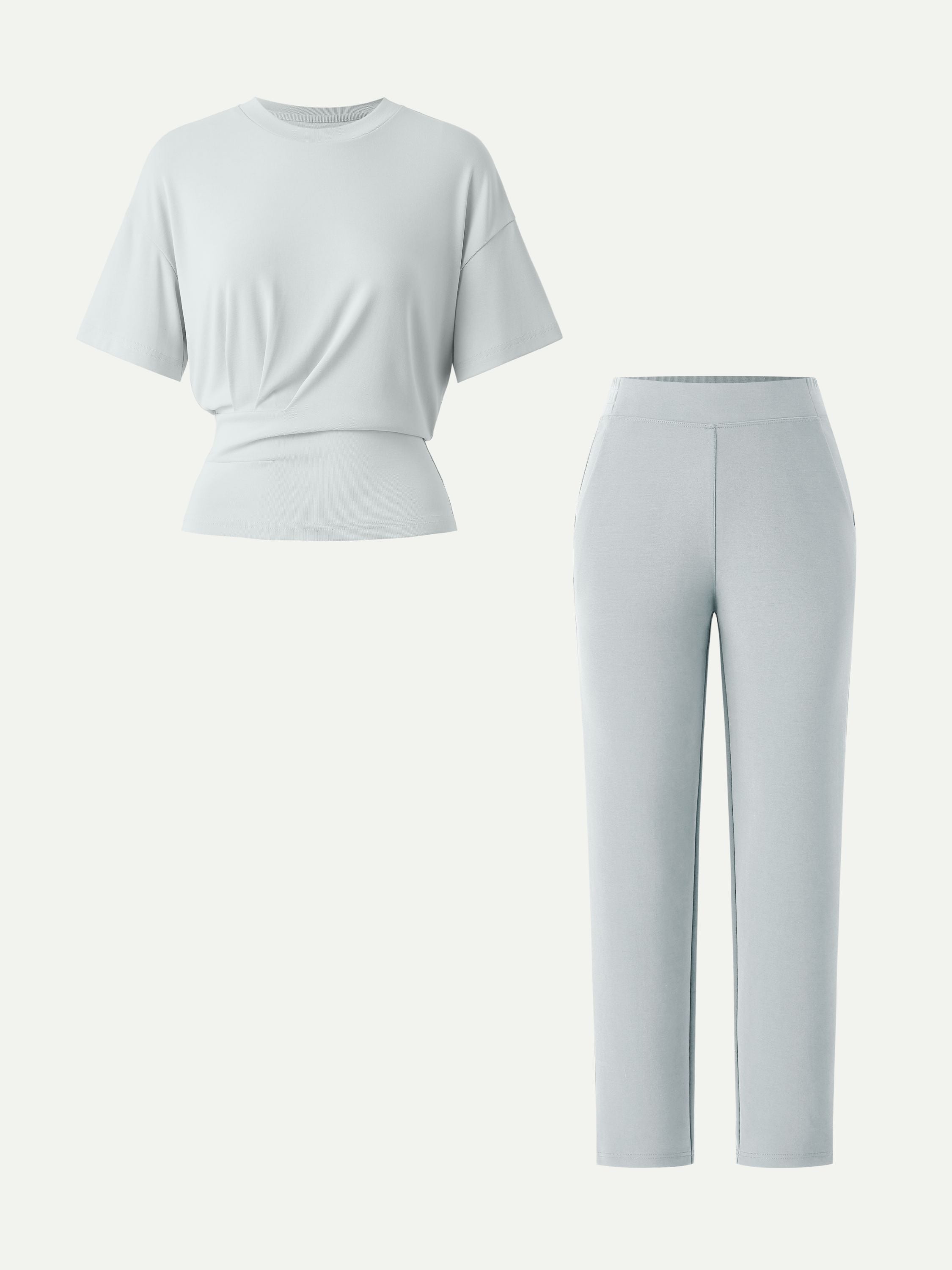 2Pcs Set Crewneck Tucked Tee & Mid Rise Tapered Pants with Pockets