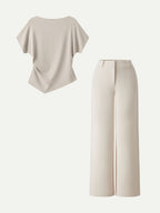 2Pcs Set Boatneck Angled Tee & Mid Rise Wide Leg Trousers