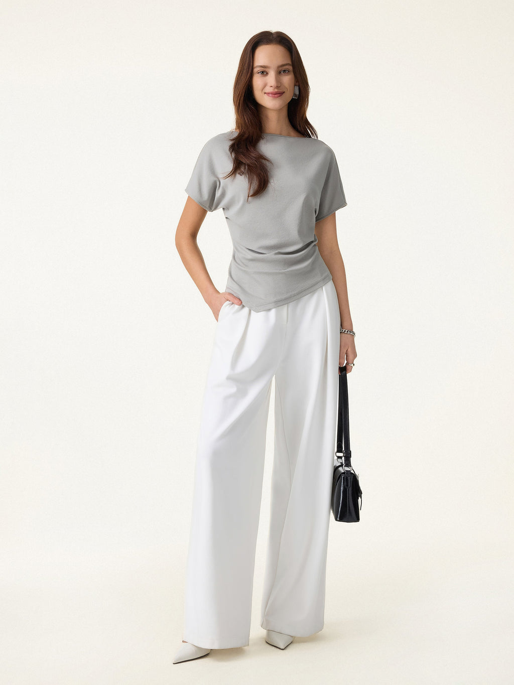 2Pcs Set Boatneck Angled Tee & Mid Rise Wide Leg Trousers