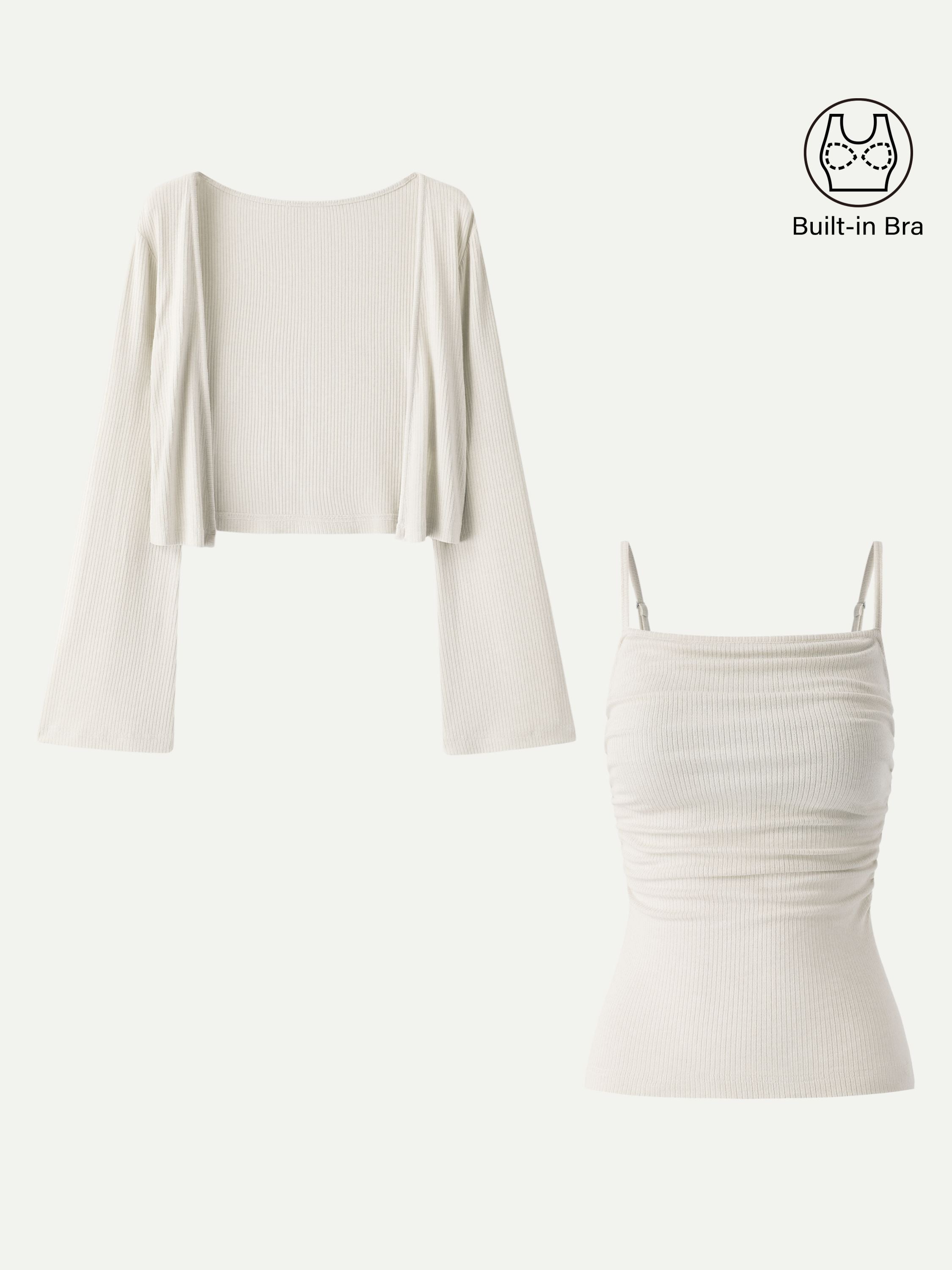 2Pcs Set Bell Sleeve Cardigan & Adjustable Spaghetti Bra Tank