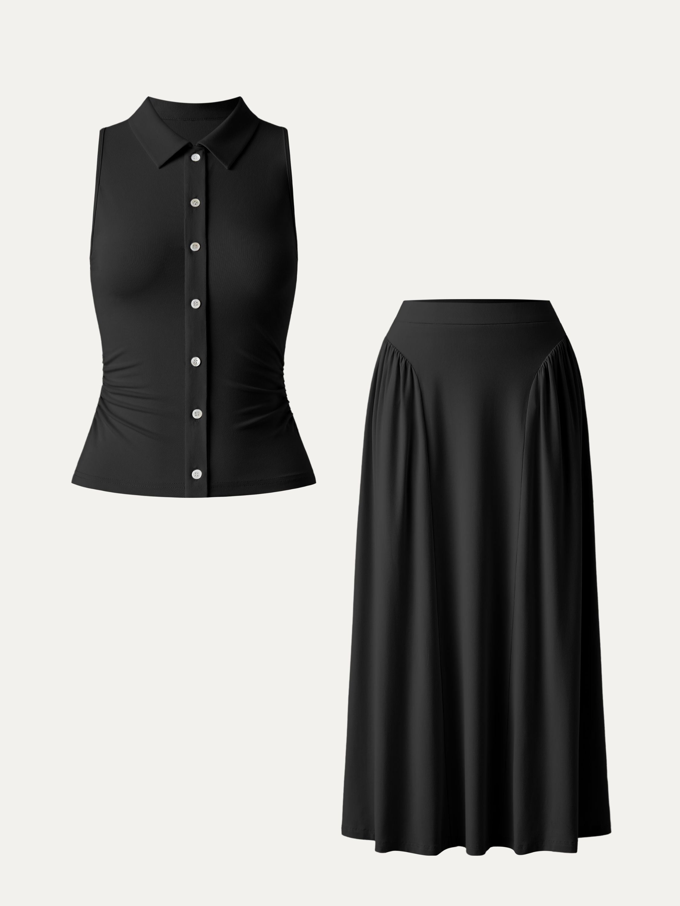 2Pcs Set Faux Button Placket Shirt Tank & Flared Midi Skirt with Pockets