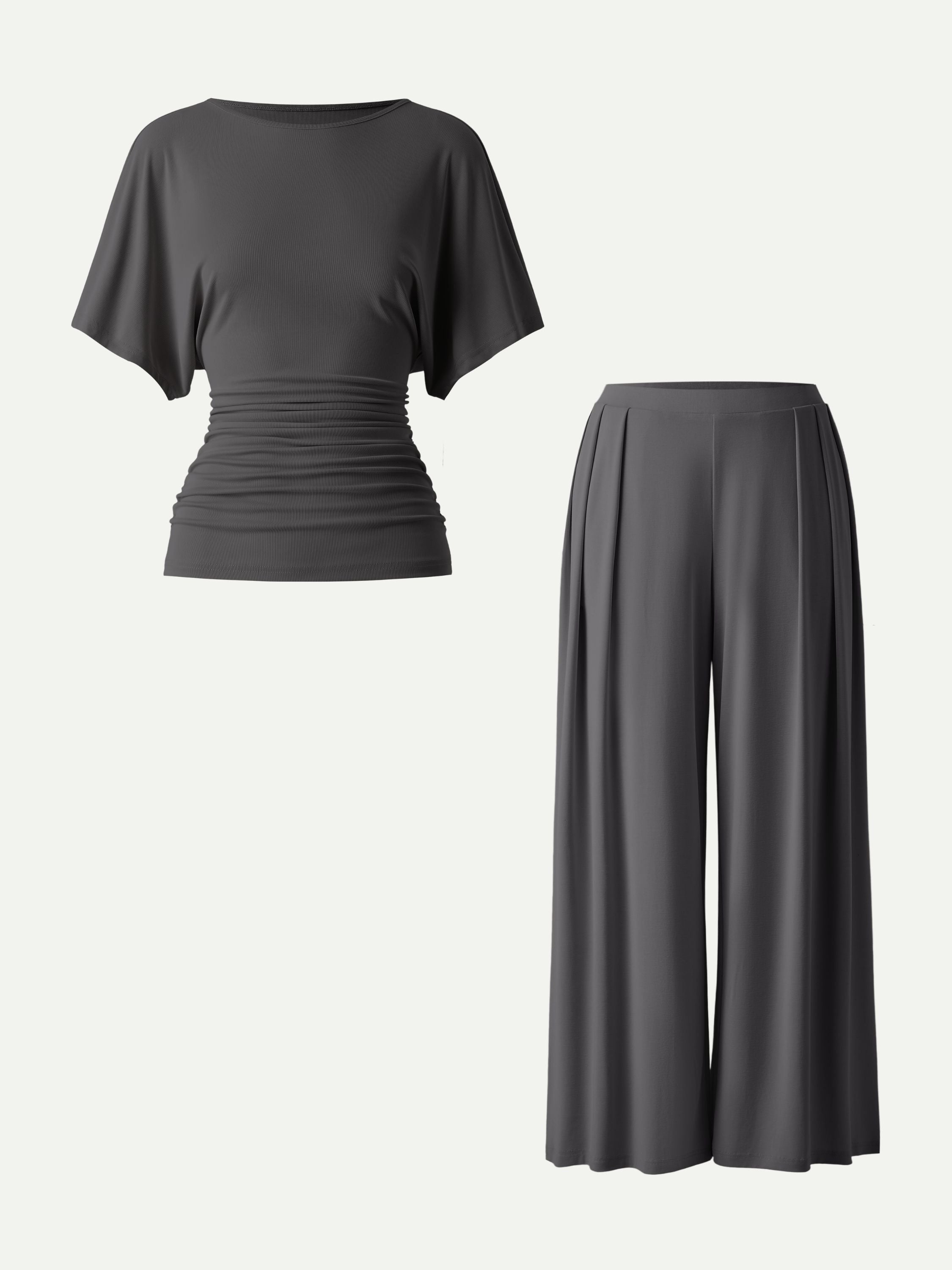 2Pcs Set Boatneck Batwing Sleeve Top & Wide Leg Palazzo Pants with Pockets