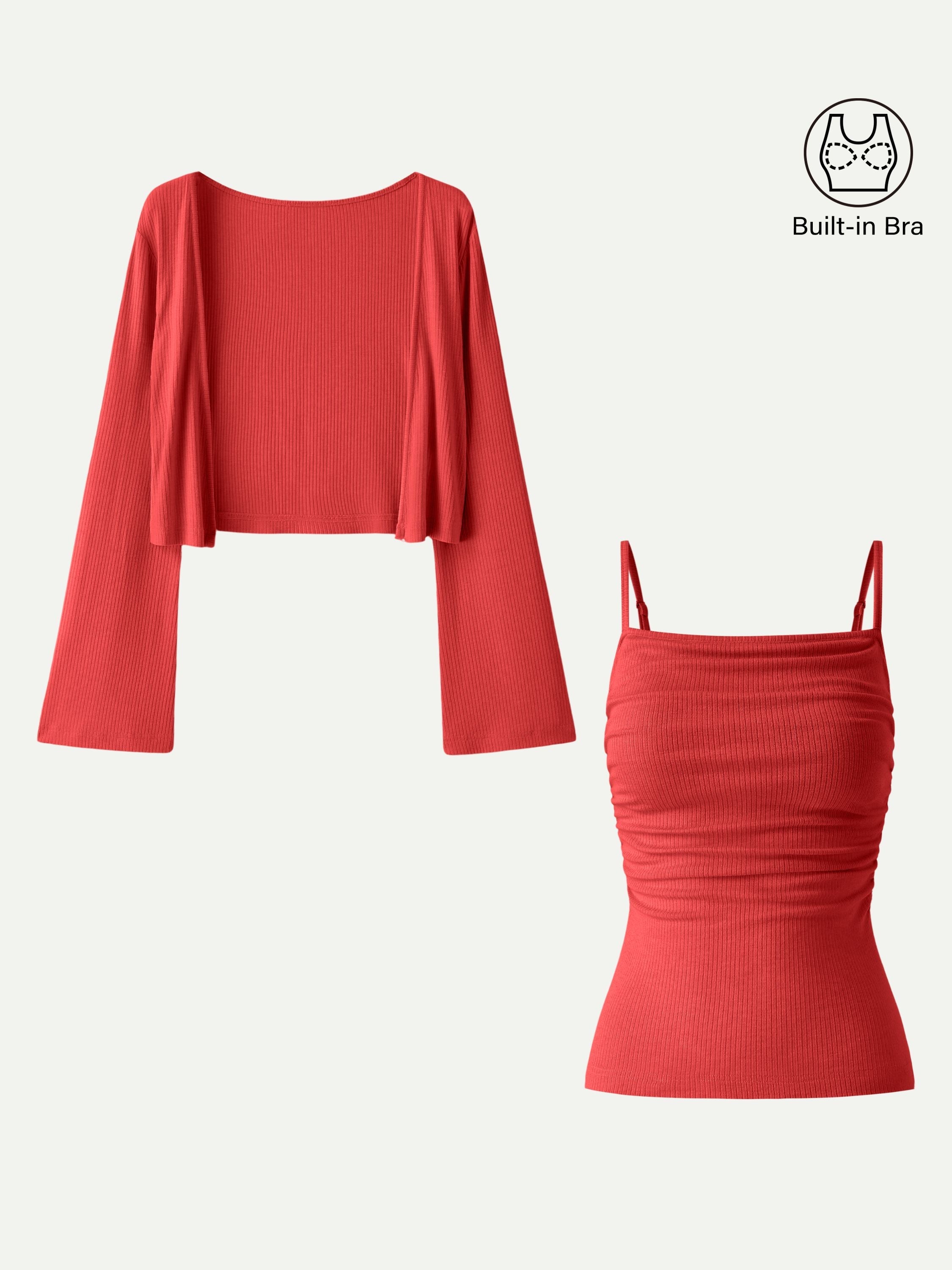 2Pcs Set Bell Sleeve Cardigan & Adjustable Spaghetti Bra Tank