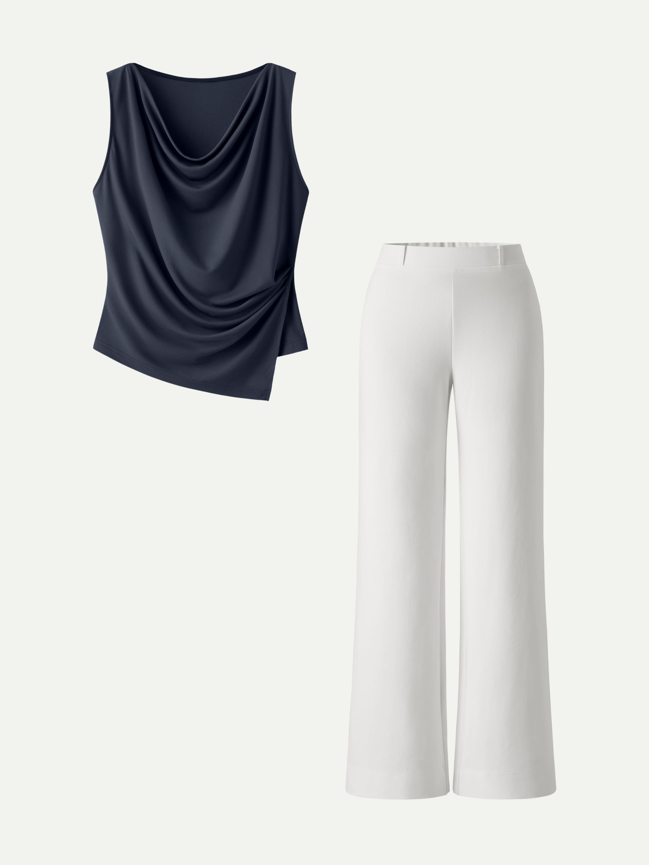 2Pcs Set Cowl Asymmetrical Tucked Top & Wide Leg Pants with Pockets