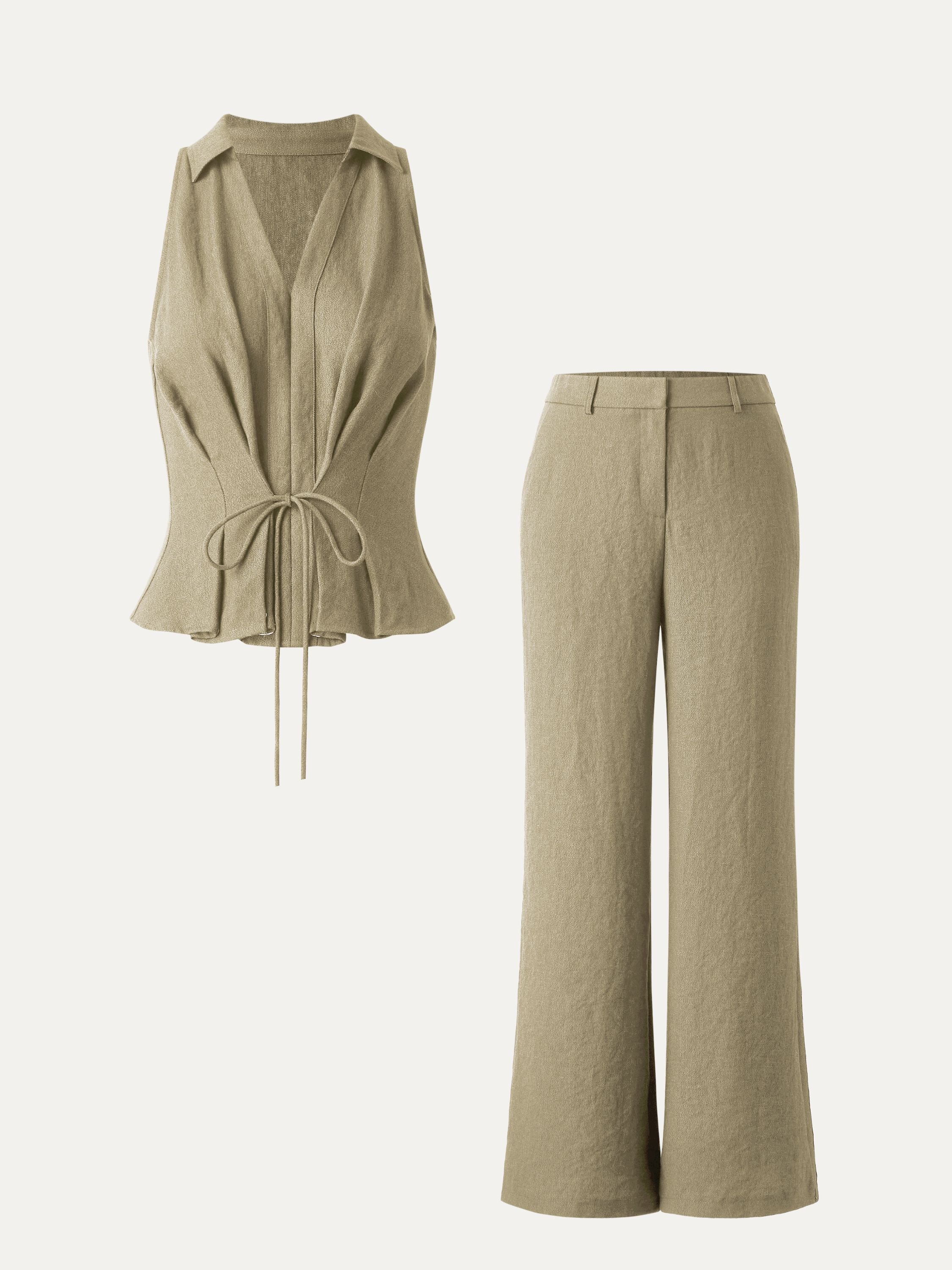 2Pcs Set Collared V-neck Sleeveless Top & Mid Rise Flared Pant with Pockets