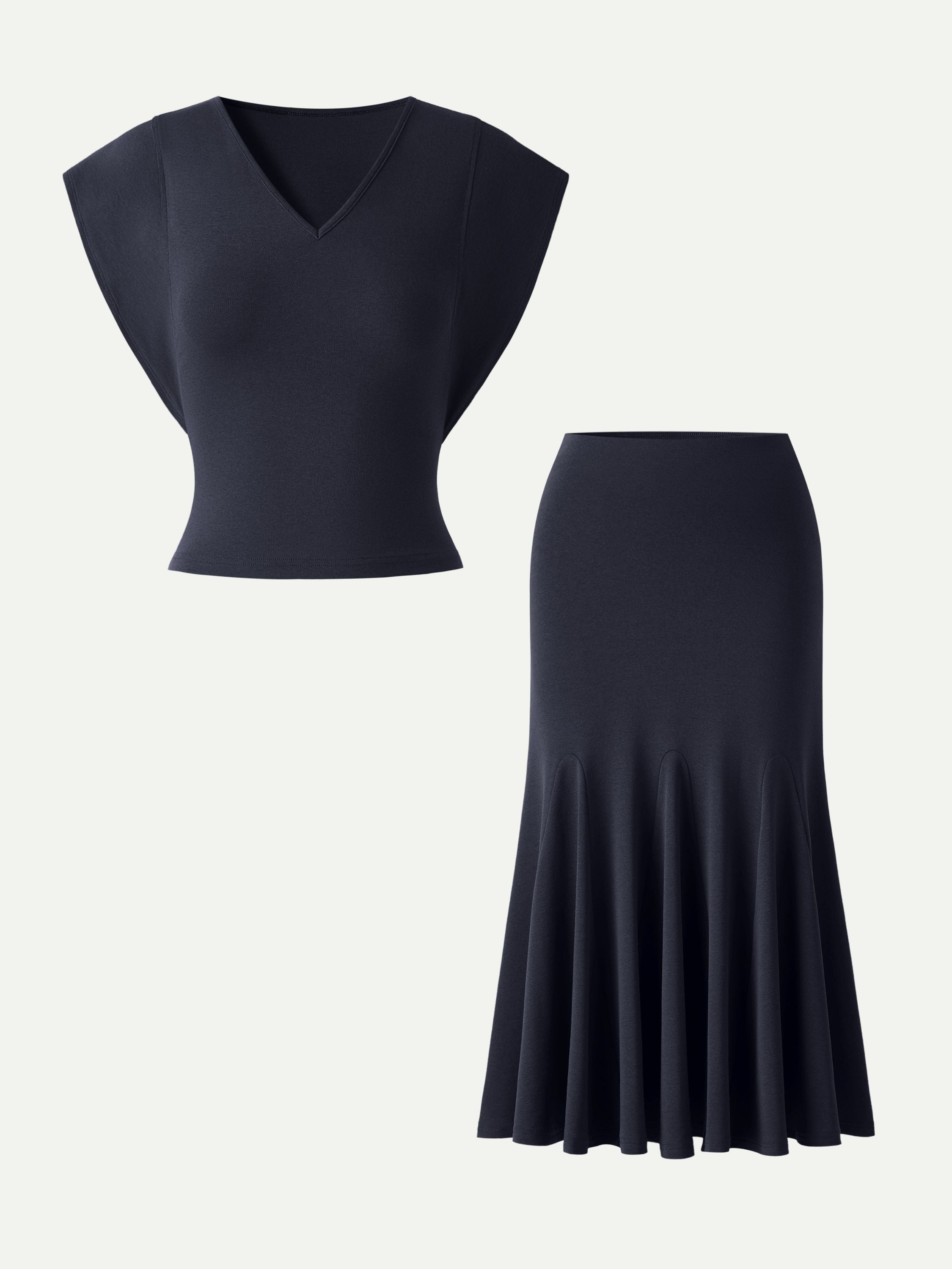 2Pcs Set Cotton Lyocell V-Neck Summer Tee & Flowy Flared Midi Skirt