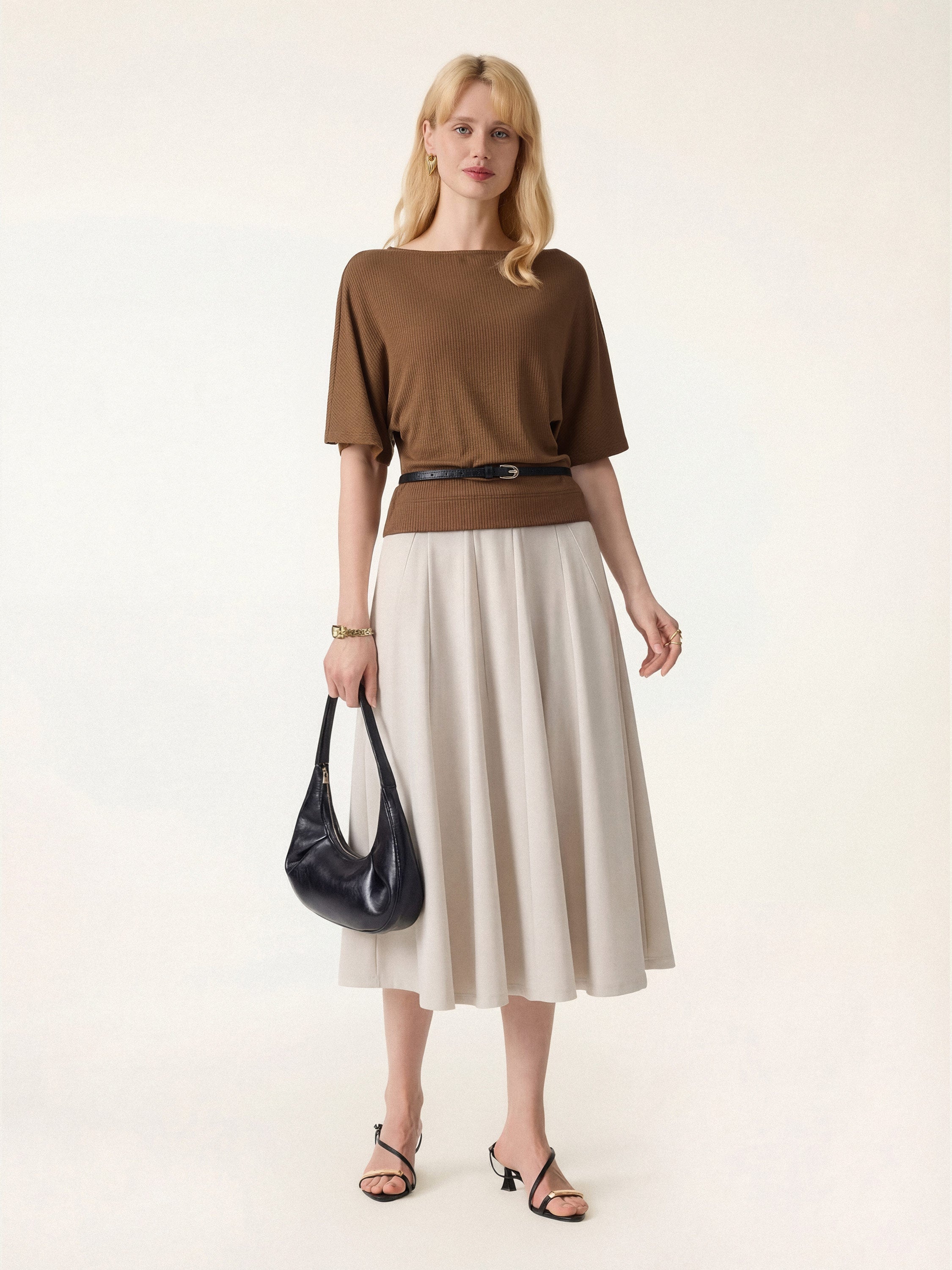 2Pcs Set Boatneck Top & Volume Skirt with Pockets
