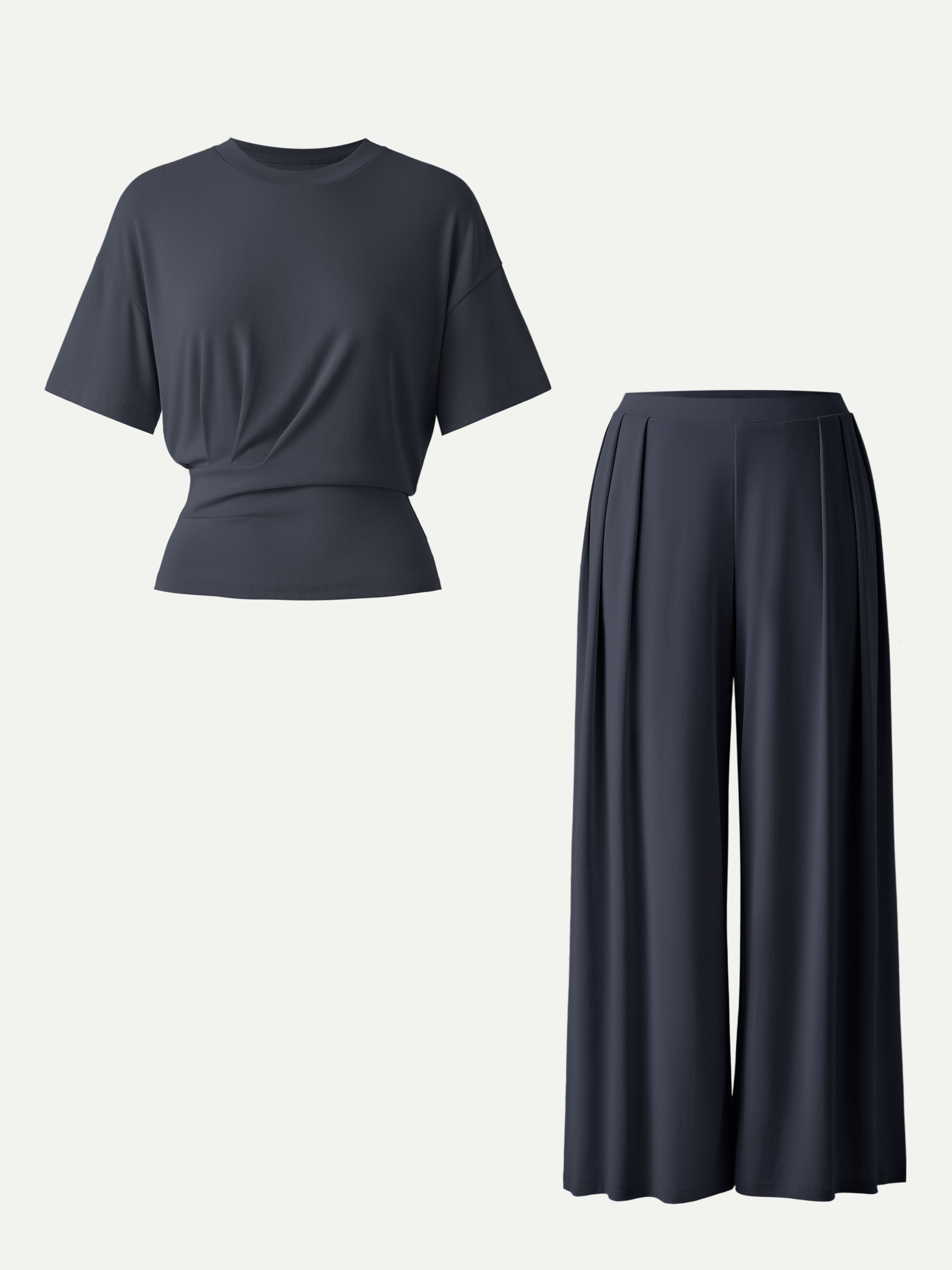 2Pcs Set Crewneck Short Sleeve Tee & Mid Rise Pleated Wide Leg Pants with Pockets