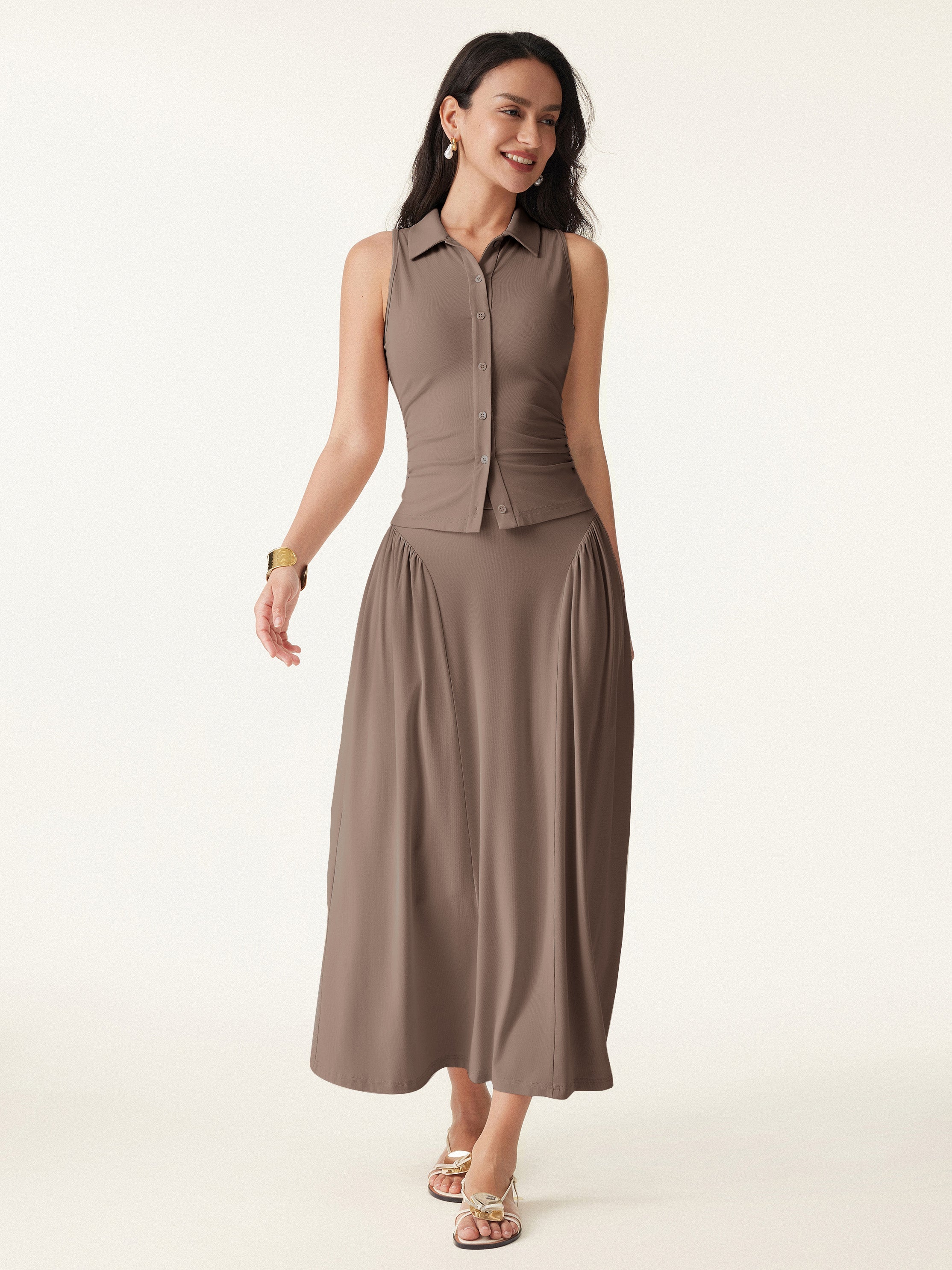 2Pcs Set Faux Button Placket Shirt Tank & Flared Midi Skirt with Pockets