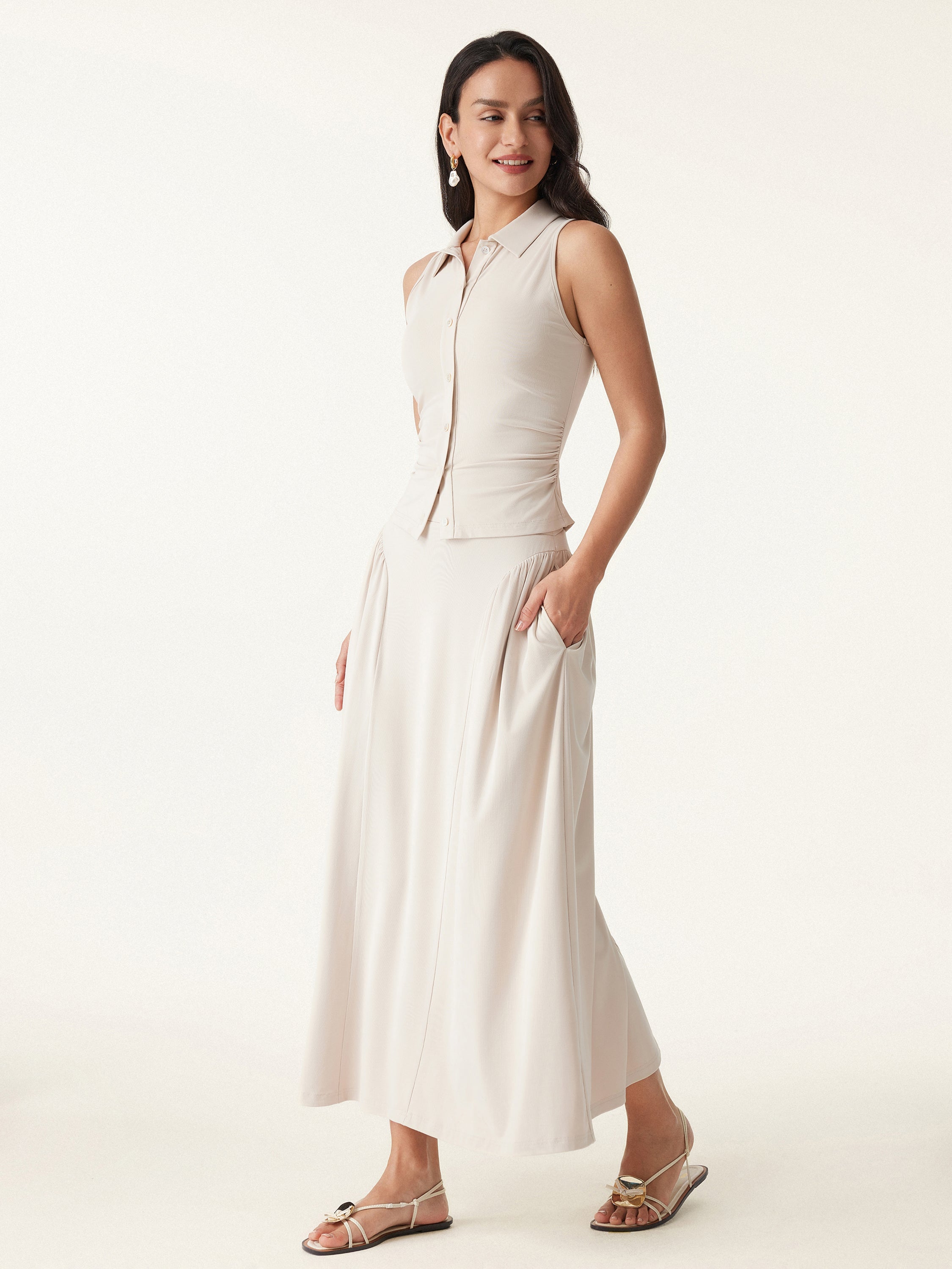 2Pcs Set Faux Button Placket Shirt Tank & Flared Midi Skirt with Pockets