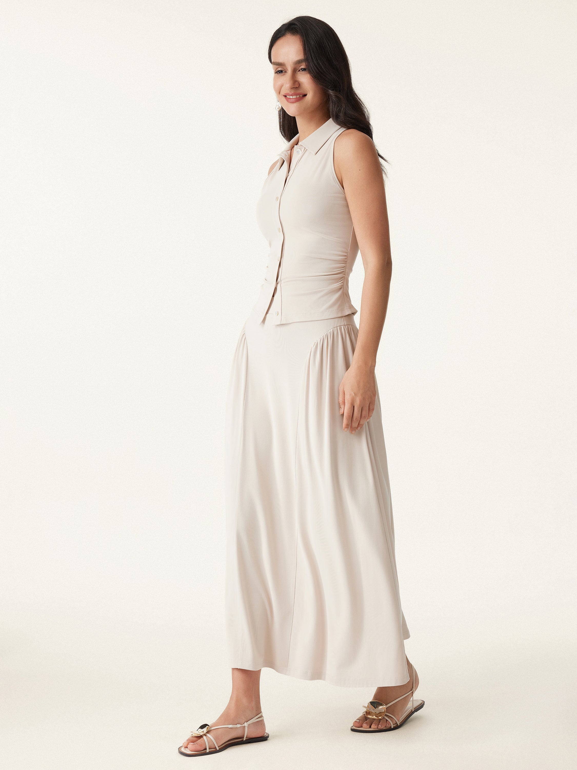 2Pcs Set Faux Button Placket Shirt Tank & Flared Midi Skirt with Pockets