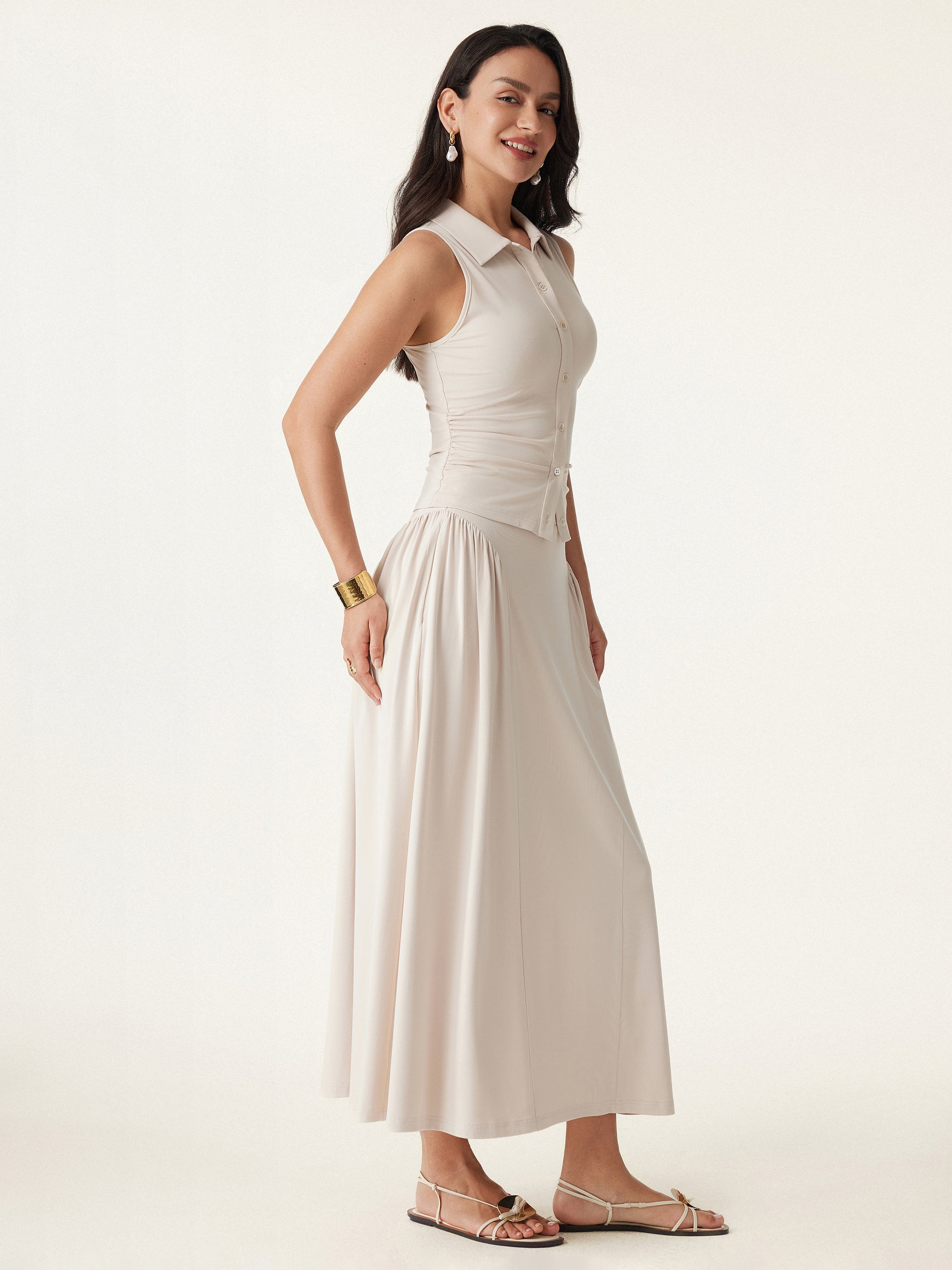 2Pcs Set Faux Button Placket Shirt Tank & Flared Midi Skirt with Pockets