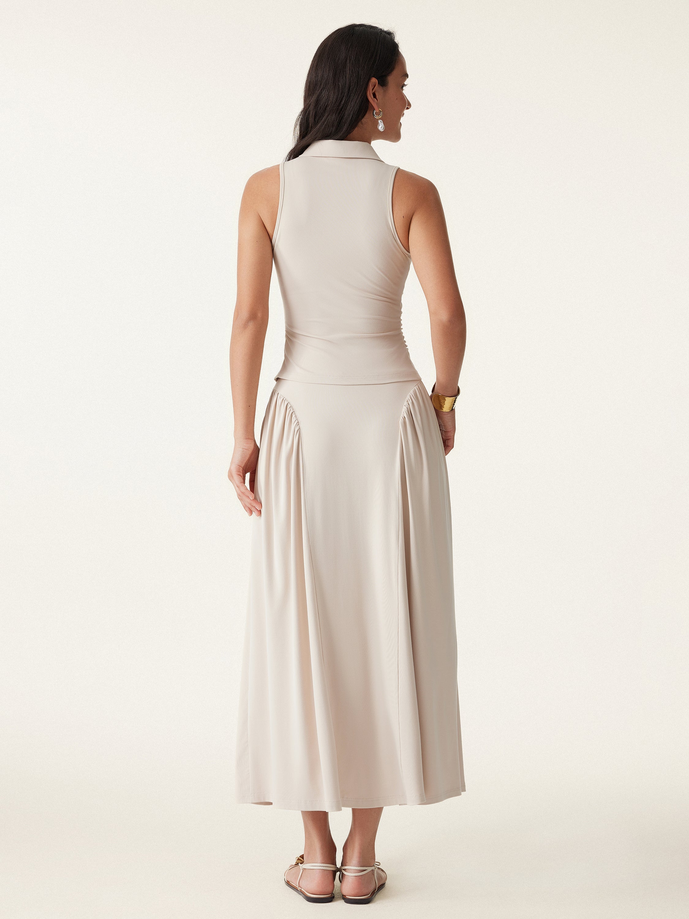 2Pcs Set Faux Button Placket Shirt Tank & Flared Midi Skirt with Pockets