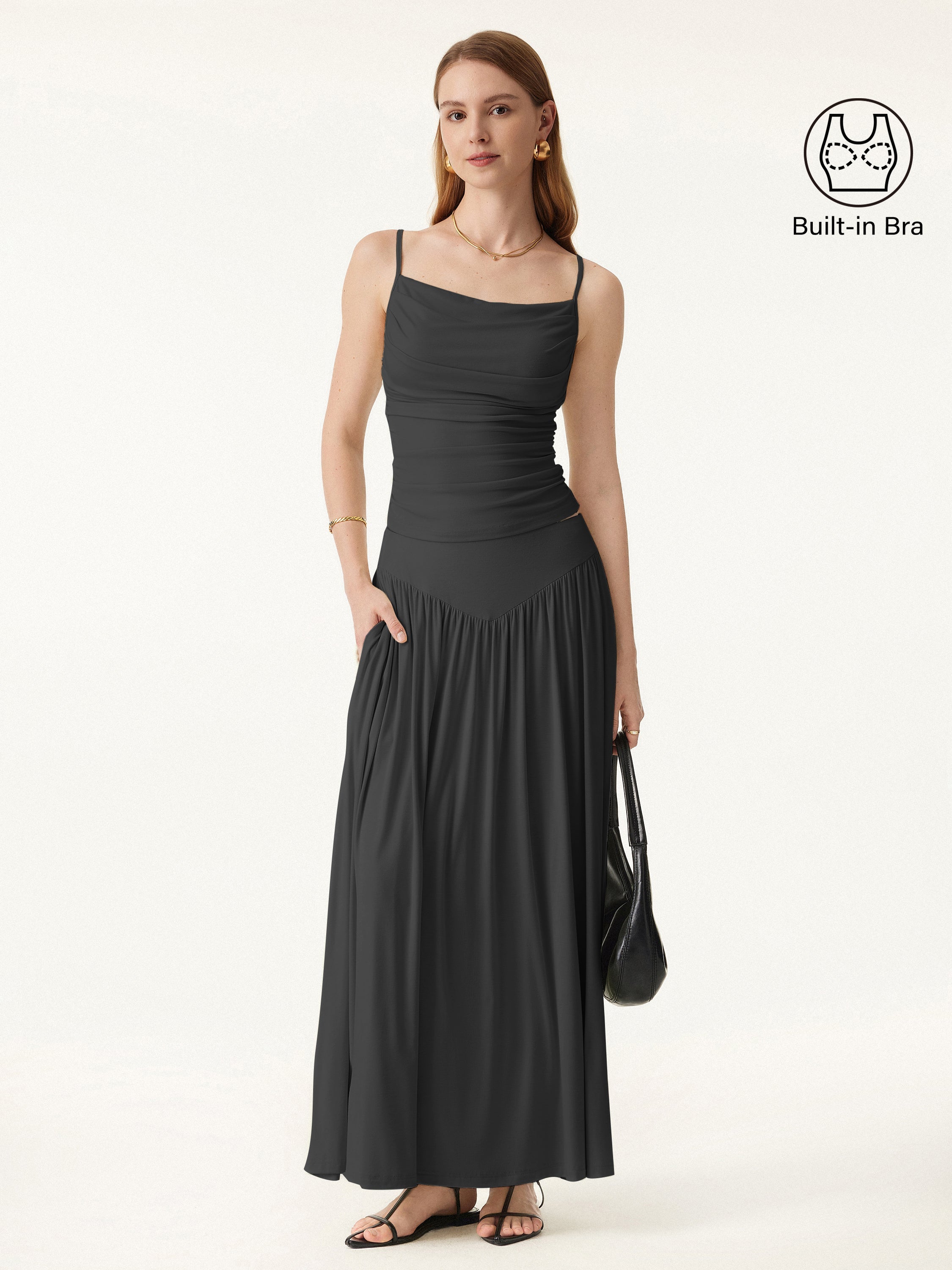 2Pcs Set Adjustable Spaghetti Straps Bra Top & V-shape Maxi Skirt with Pockets