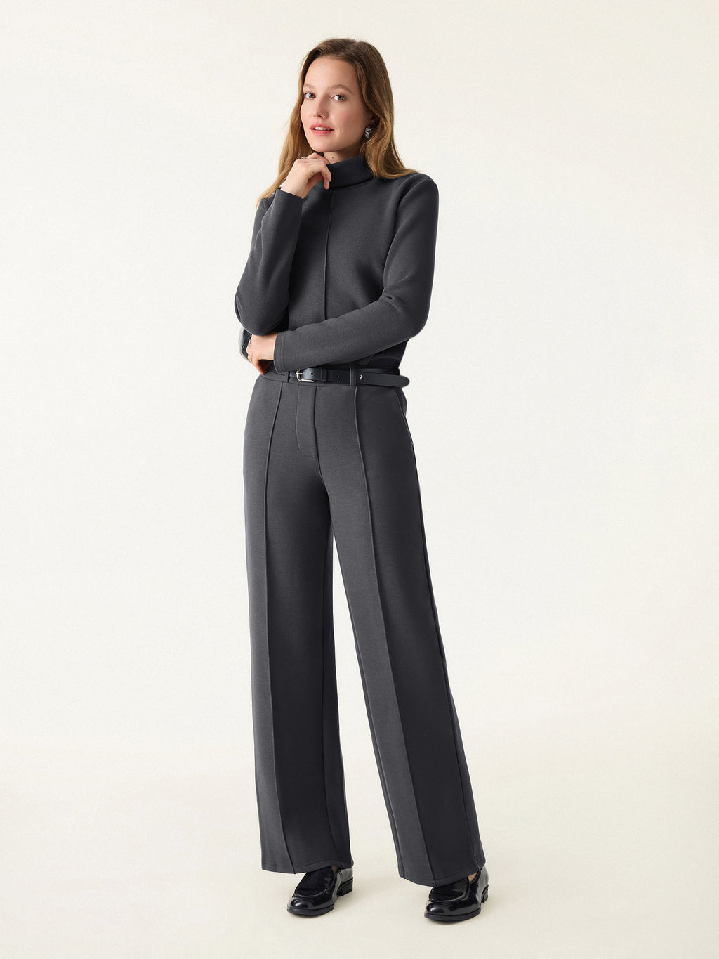 2Pcs Set FuzzLuxe Turtleneck Top & Regular High Waisted Straight Leg Pull On Pant