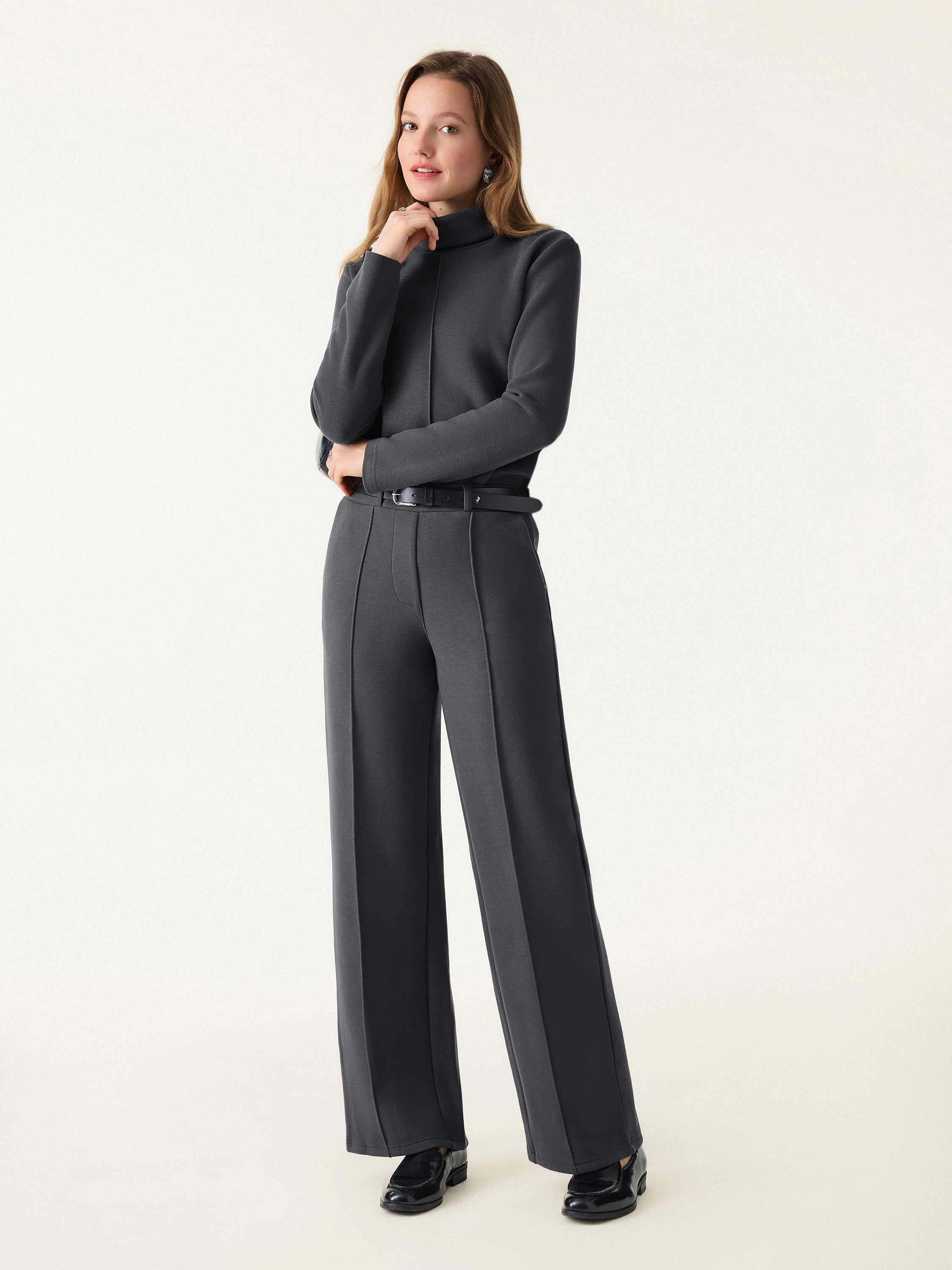 2Pcs Set FuzzLuxe Turtleneck Top & Regular High Waisted Straight Leg Pull On Pant