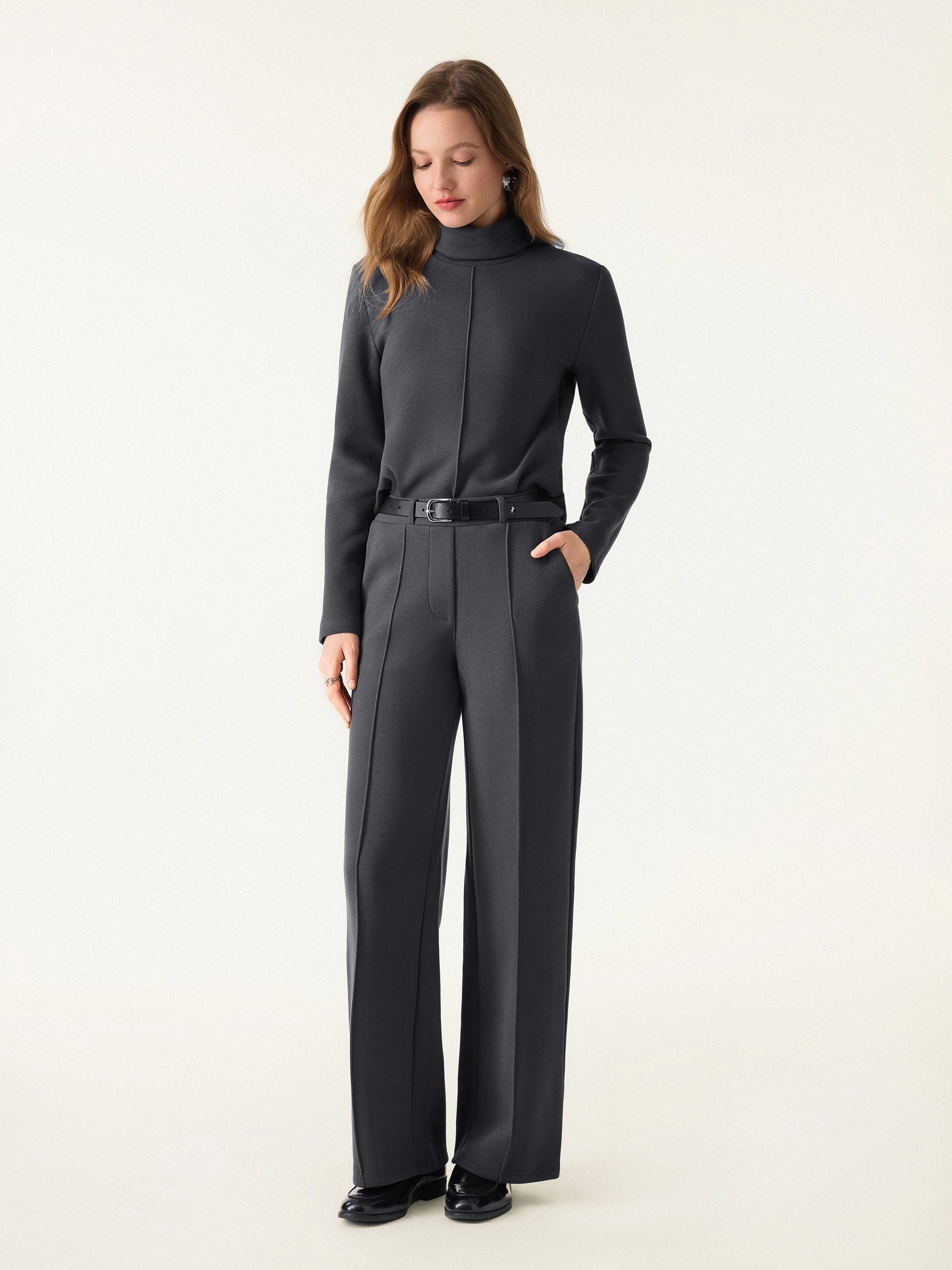 2Pcs Set FuzzLuxe Turtleneck Top & Regular High Waisted Straight Leg Pull On Pant
