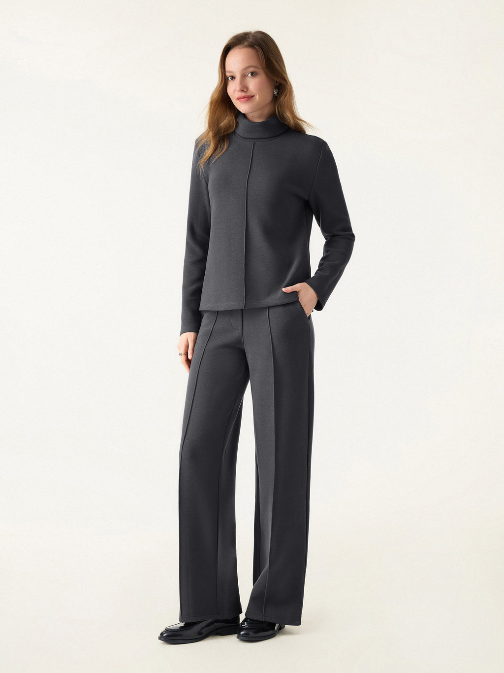 2Pcs Set FuzzLuxe Turtleneck Top & Regular High Waisted Straight Leg Pull On Pant