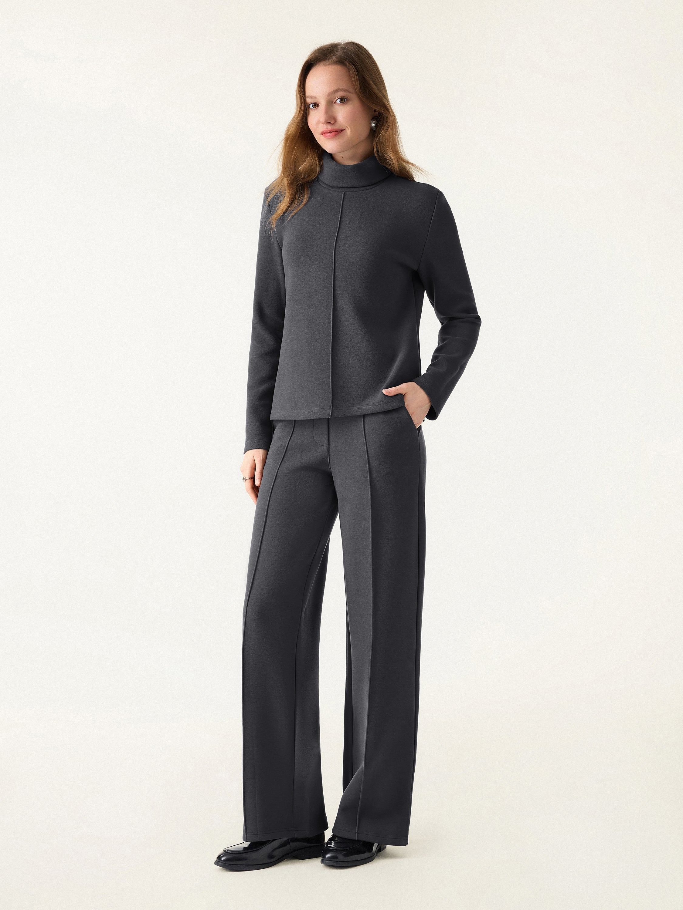 2Pcs Set FuzzLuxe Turtleneck Top & Regular High Waisted Straight Leg Pull On Pant