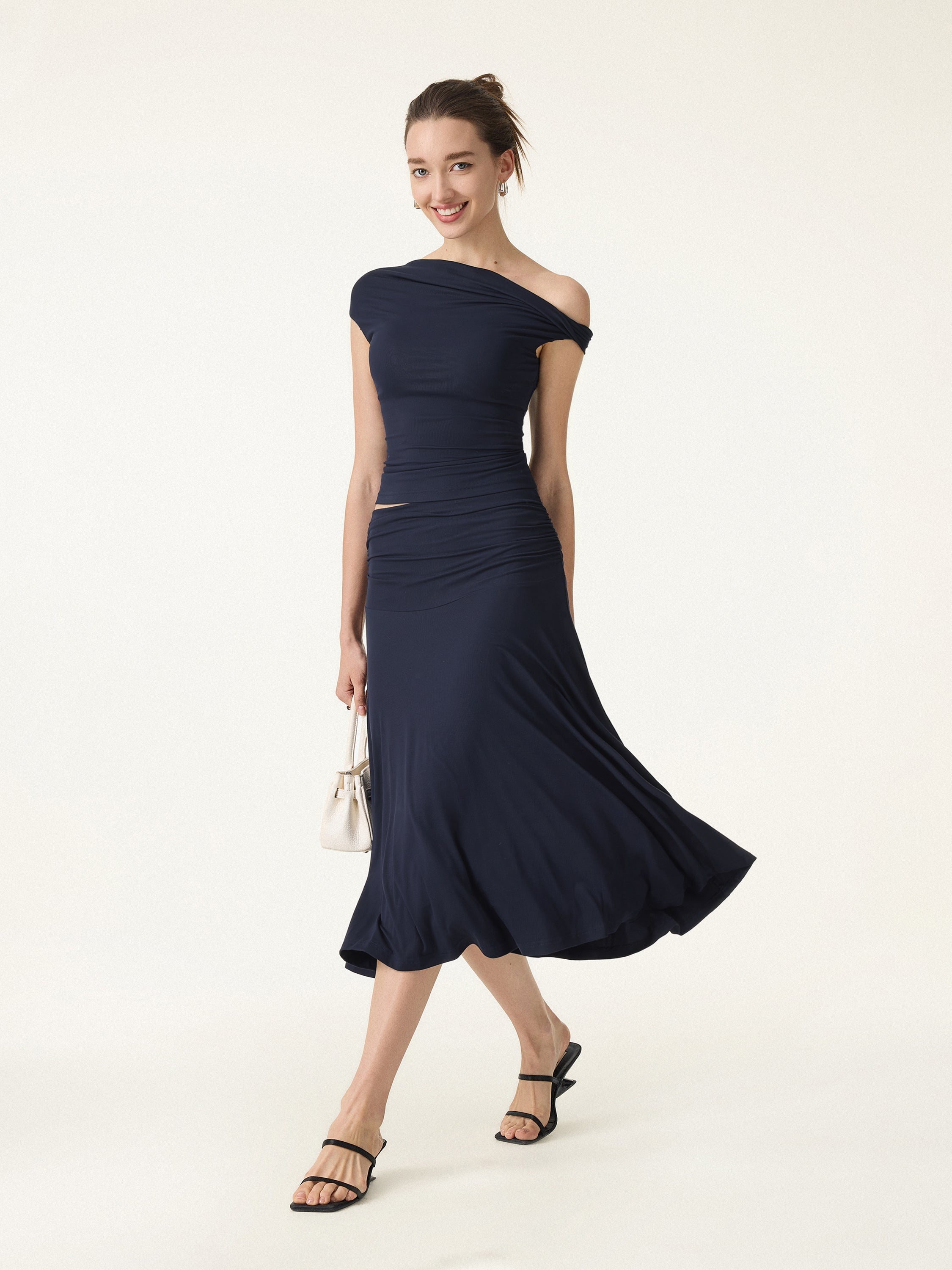 2Pcs Set Multi-wear Bra Top & Side Ruched A-line Midi Skirt