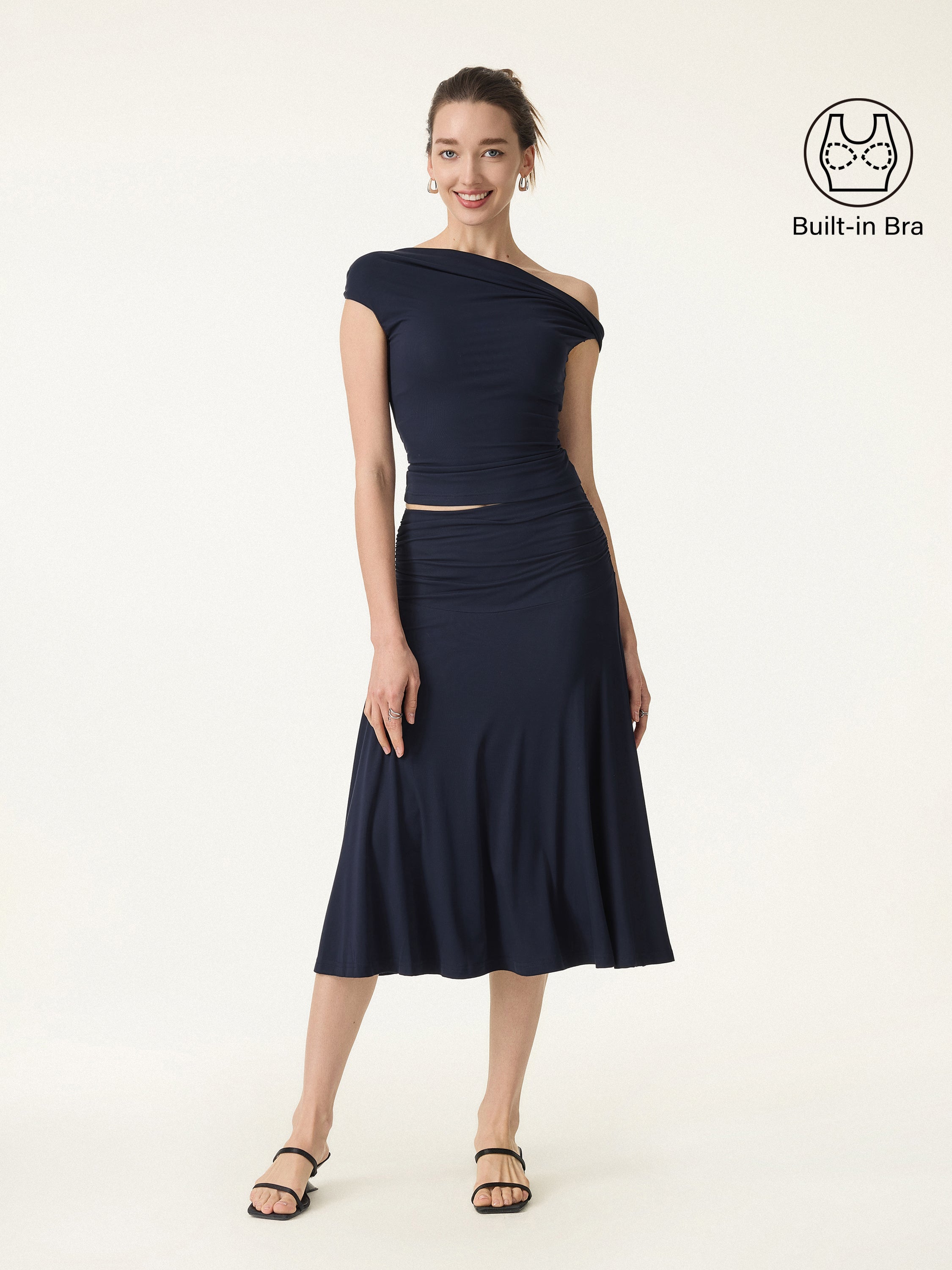 2Pcs Set Multi-wear Bra Top & Side Ruched A-line Midi Skirt