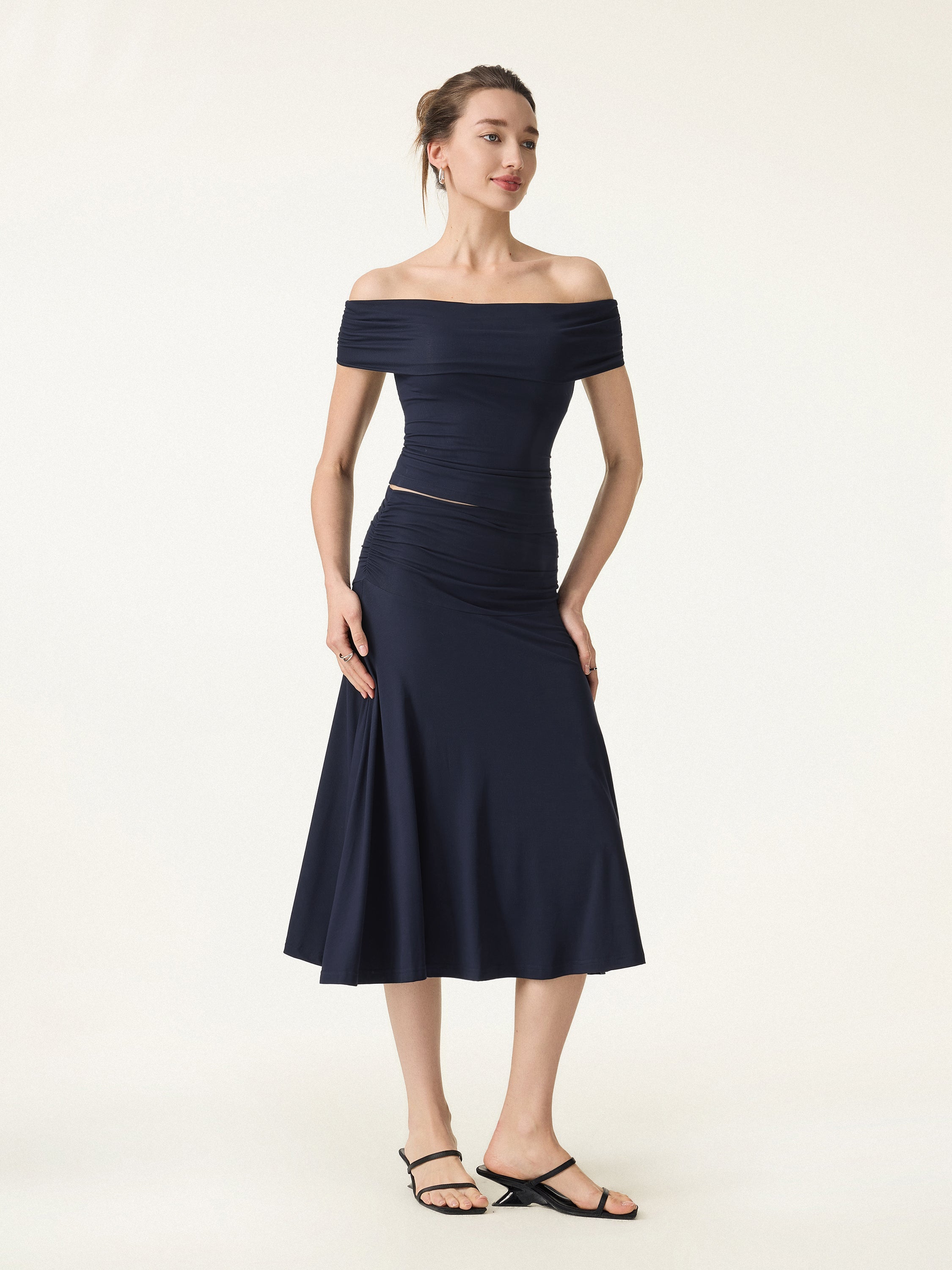 2Pcs Set Multi-wear Bra Top & Side Ruched A-line Midi Skirt