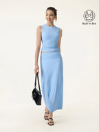 2Pcs Set Open-Back Bra Tank & Fold-Down Waistband Midi Skirt