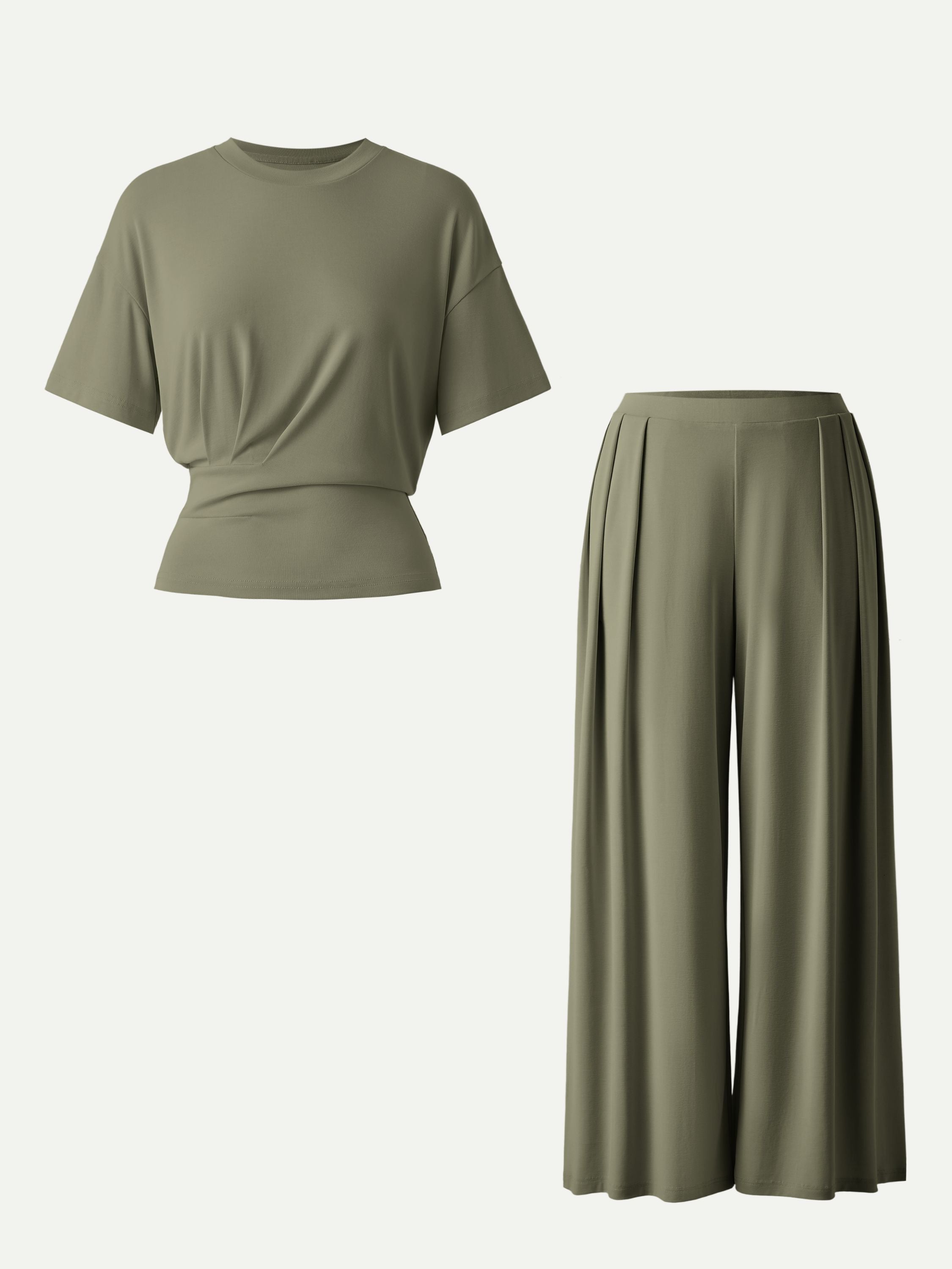 2Pcs Set Crewneck Short Sleeve Tee & Mid Rise Pleated Wide Leg Pants with Pockets