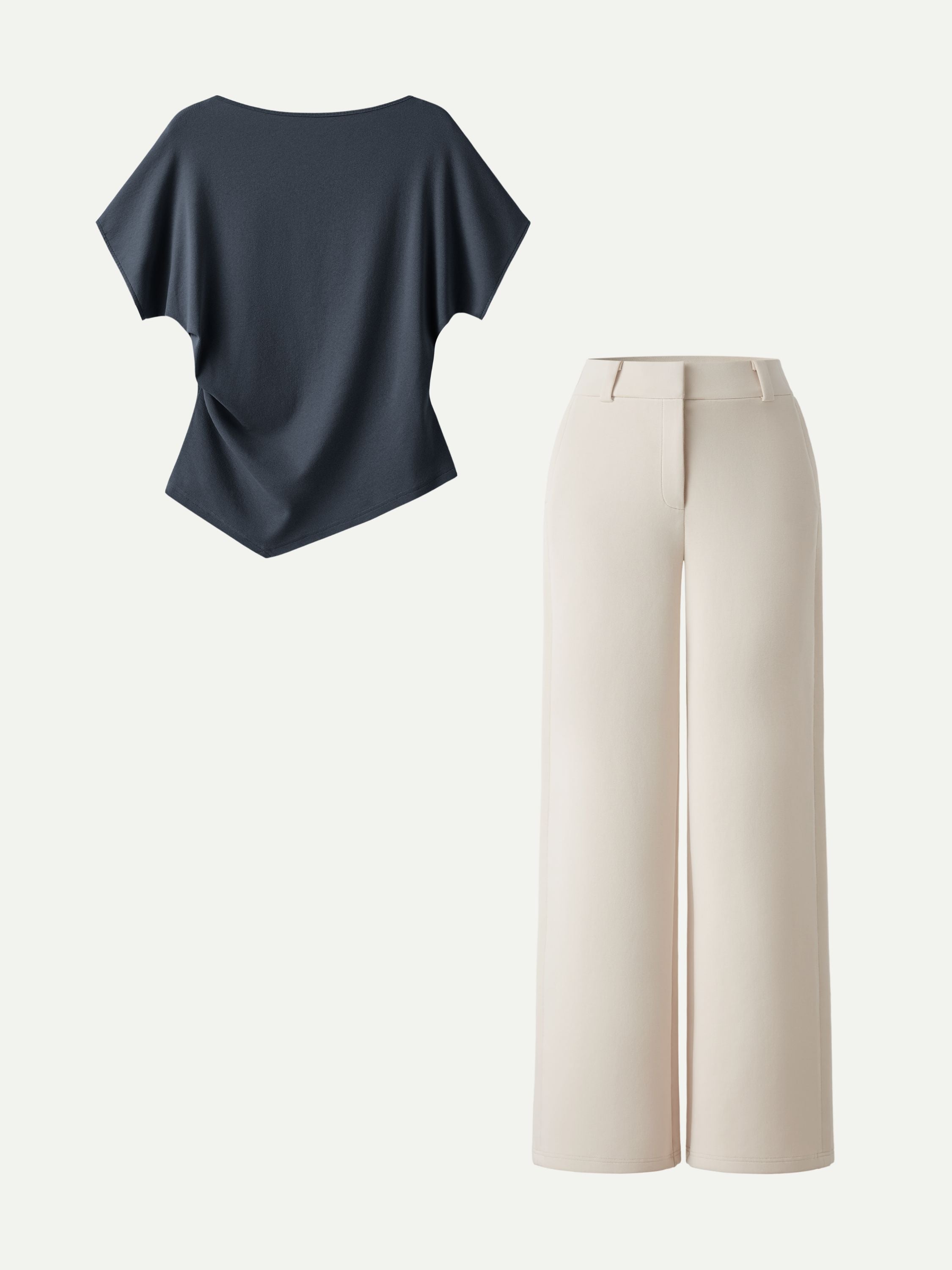 2Pcs Set Boatneck Angled Tee & Mid Rise Wide Leg Trousers