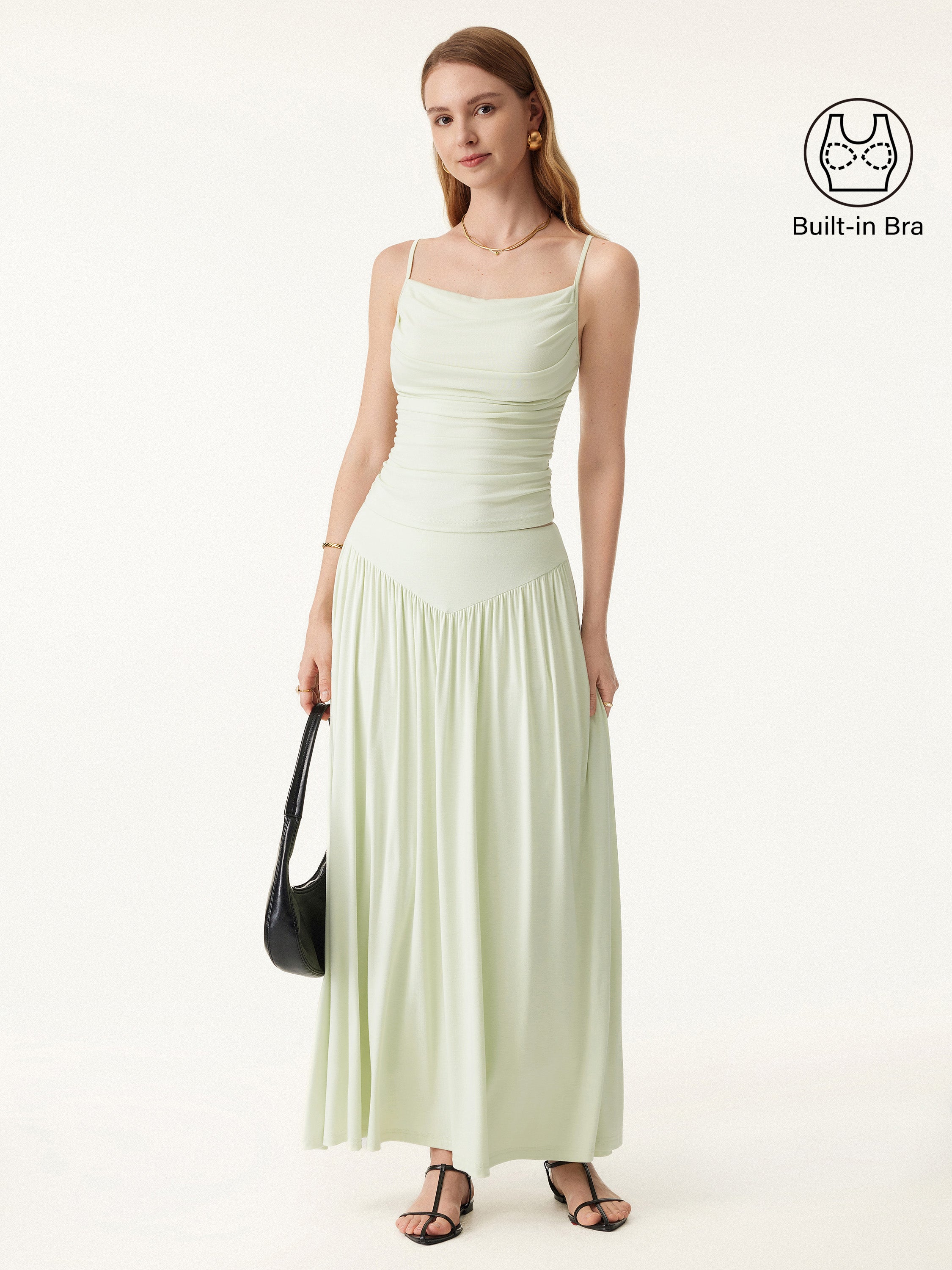 2Pcs Set Adjustable Spaghetti Straps Bra Top & V-shape Maxi Skirt with Pockets