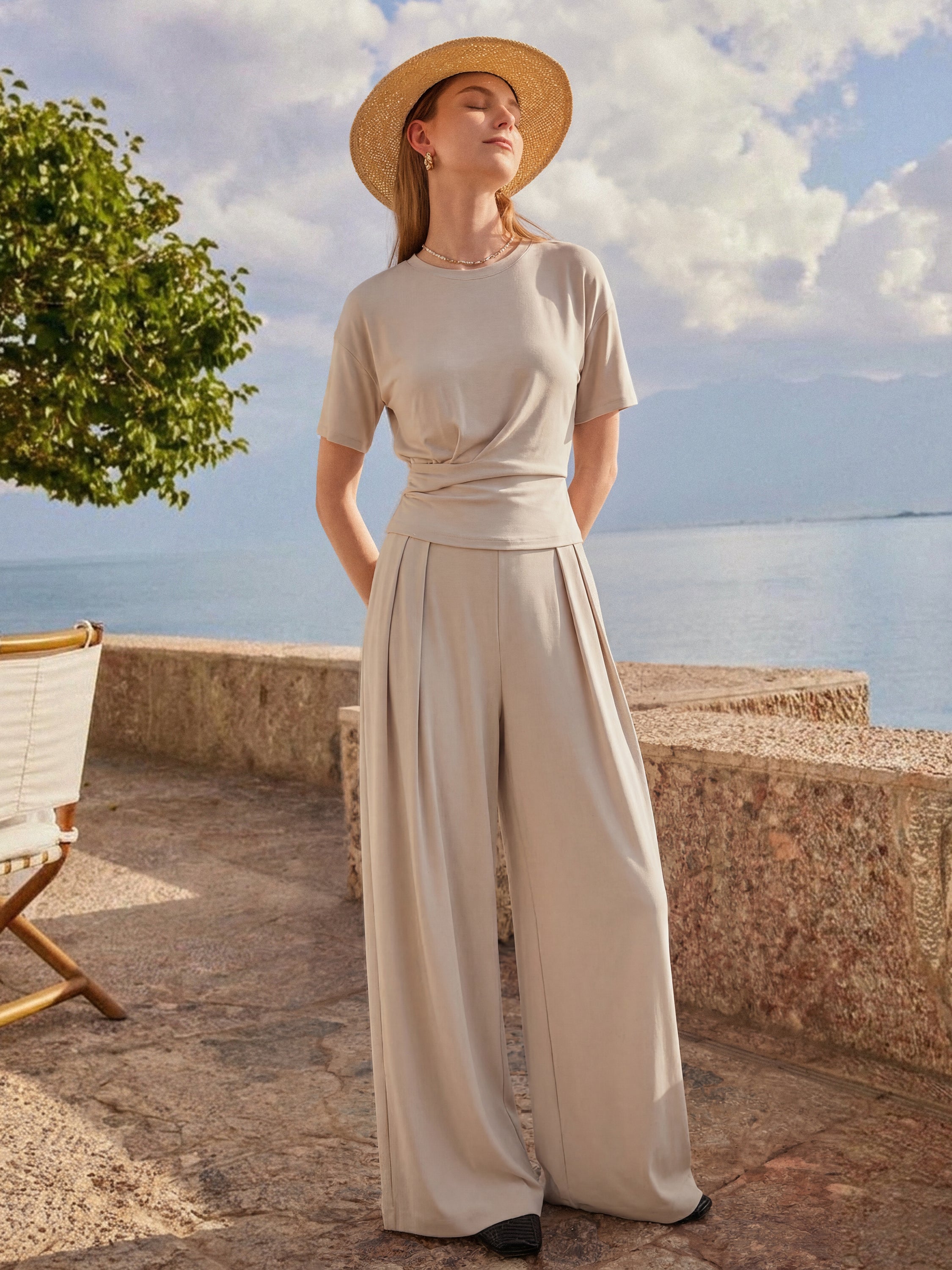 2Pcs Set Crewneck Short Sleeve Tee & Mid Rise Pleated Wide Leg Pants with Pockets