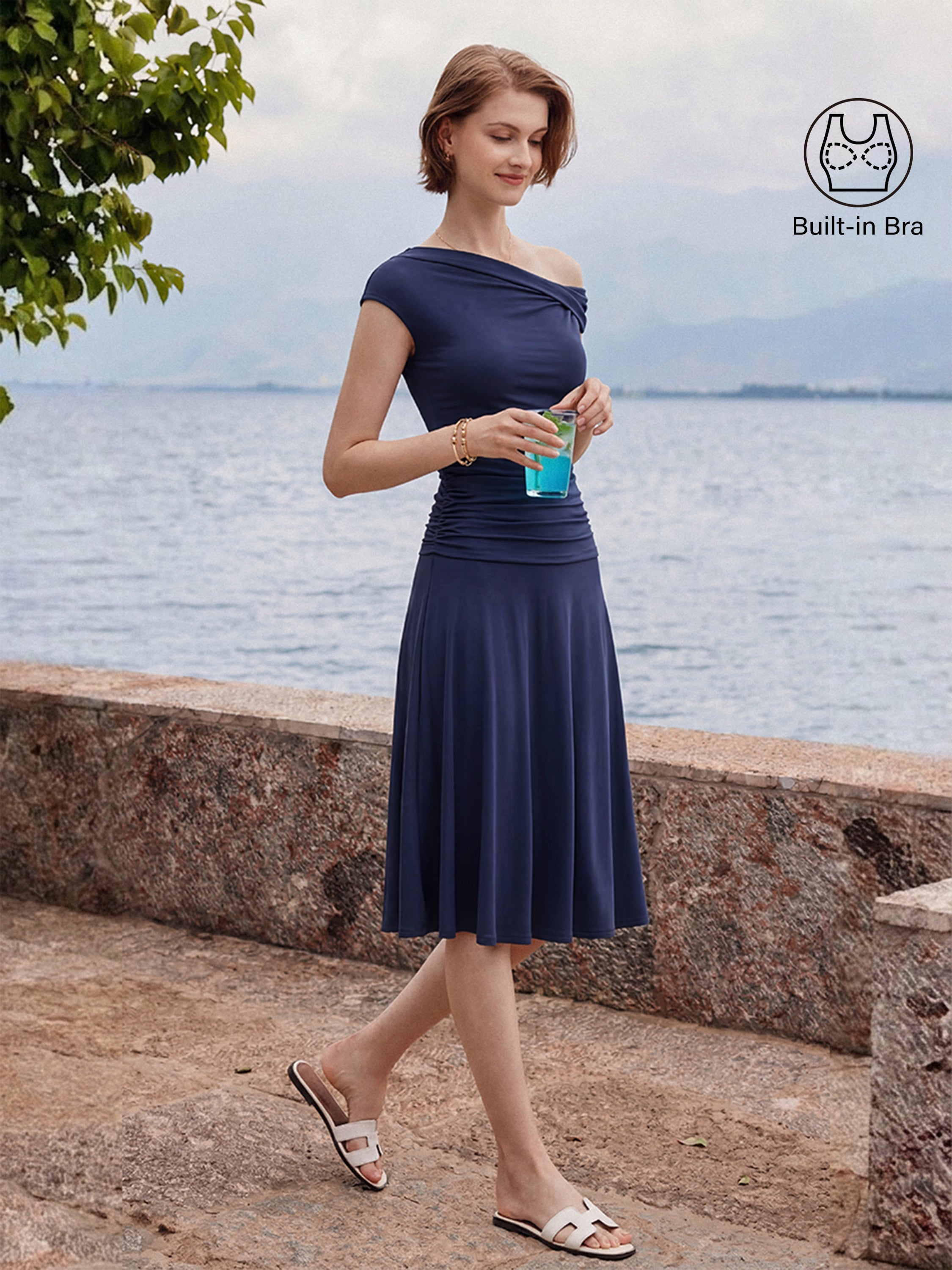 2Pcs Set Multi-wear Bra Top & Side Ruched A-line Midi Skirt