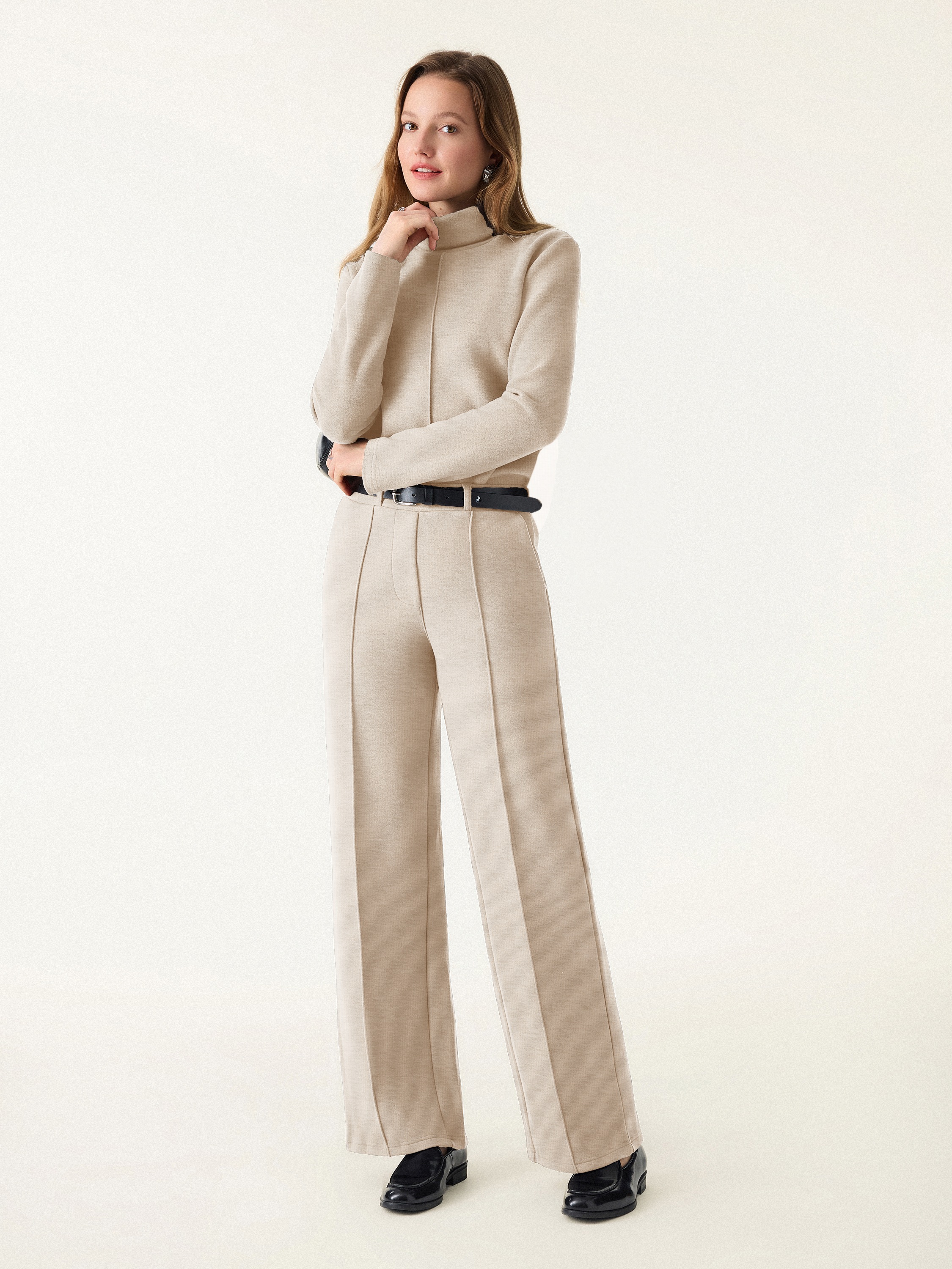 2Pcs Set FuzzLuxe Turtleneck Top & Regular High Waisted Straight Leg Pull On Pant