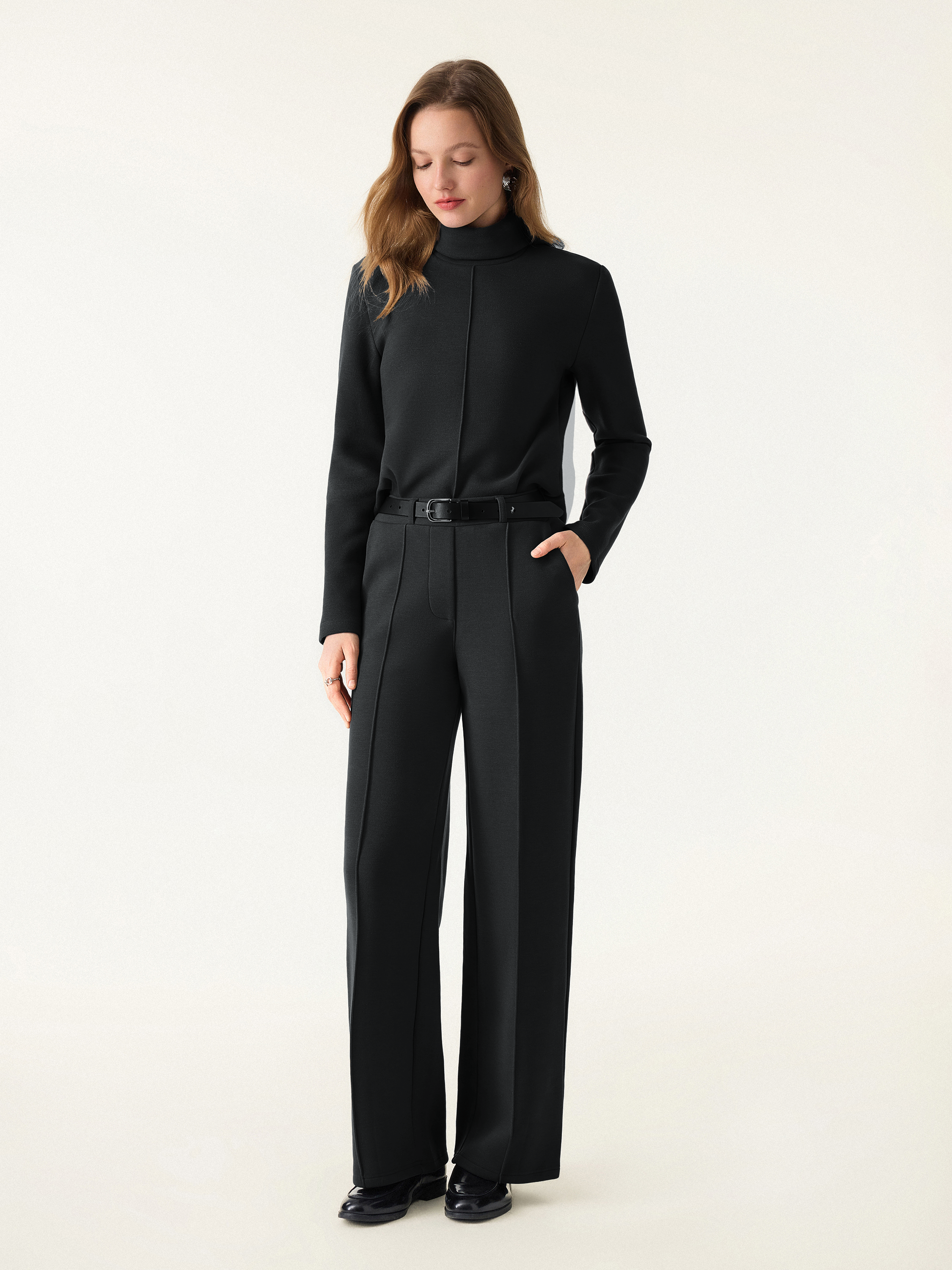 2Pcs Set FuzzLuxe Turtleneck Top & Regular High Waisted Straight Leg Pull On Pant