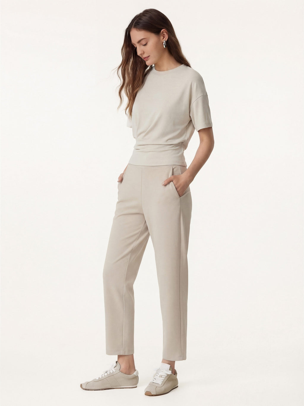 2Pcs Set Crewneck Tucked Tee & Mid Rise Tapered Pants with Pockets