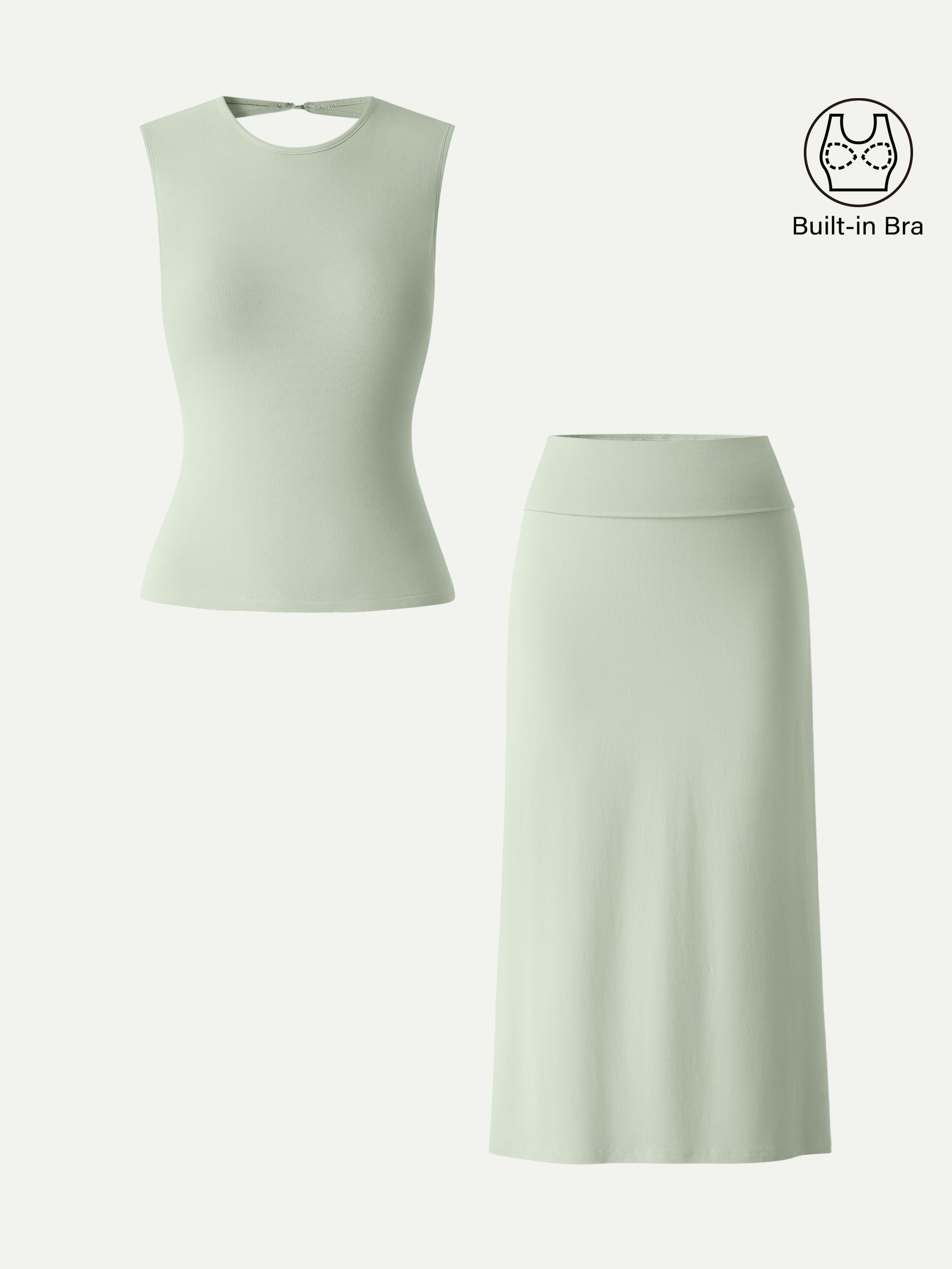 2Pcs Set Open-Back Bra Tank & Fold-Down Waistband Midi Skirt
