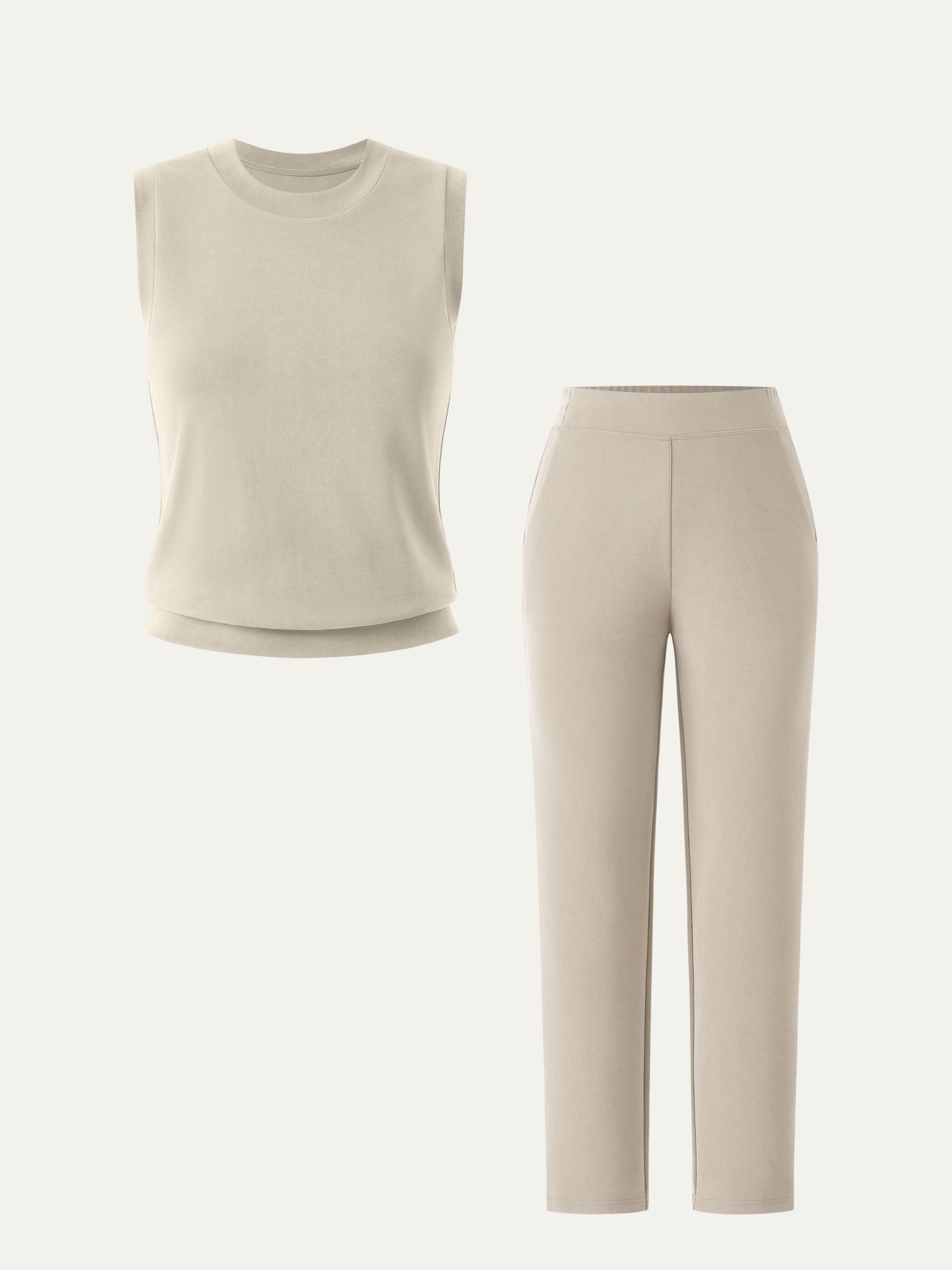 2Pcs Set Crewneck Tee & Mid Rise Tapered with Pockets