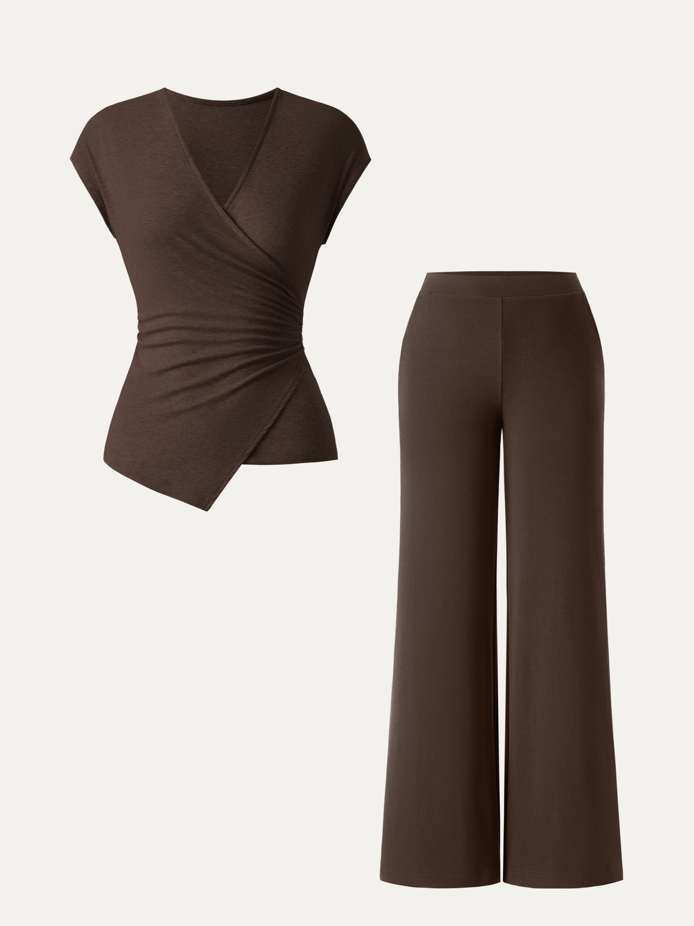 2Pcs Set Lyocell Wool Surplice Cap Sleeve Top & Mid Rise Wide Leg Pants with Pockets