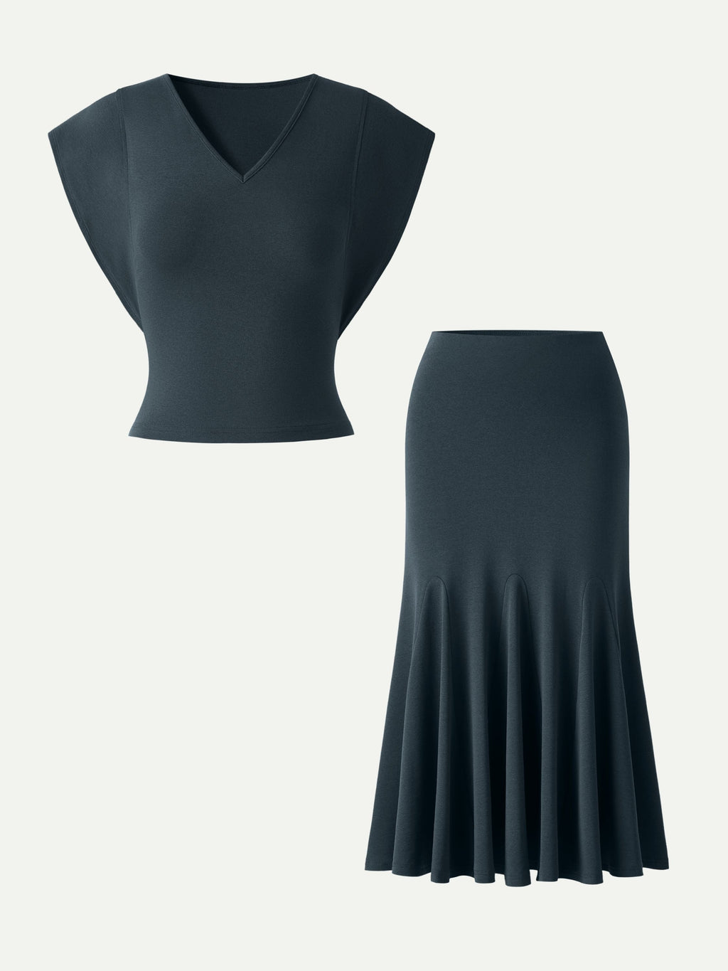 2Pcs Set Cotton Lyocell V-Neck Summer Tee & Flowy Flared Midi Skirt