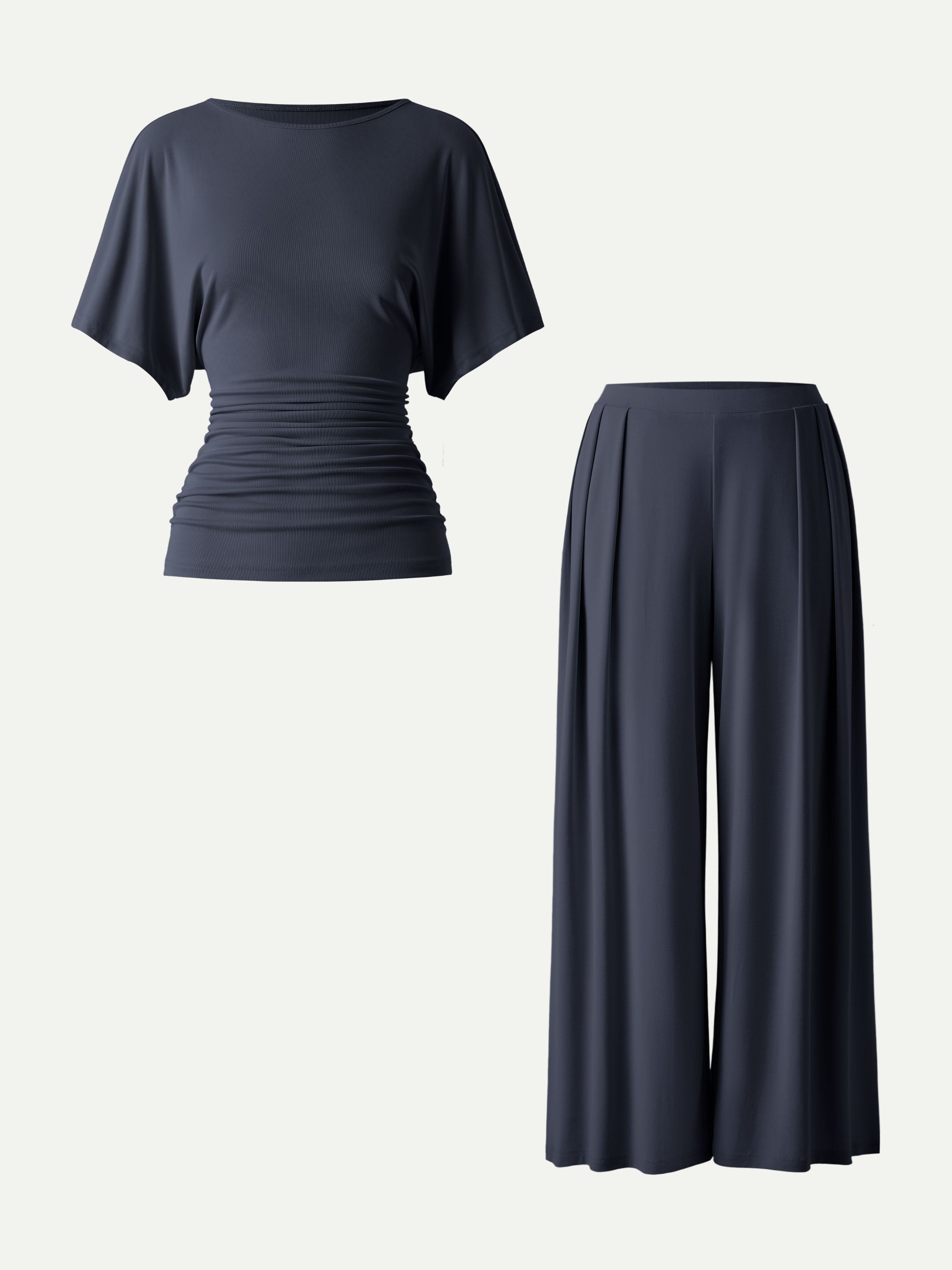 2Pcs Set Boatneck Batwing Sleeve Top & Wide Leg Palazzo Pants with Pockets