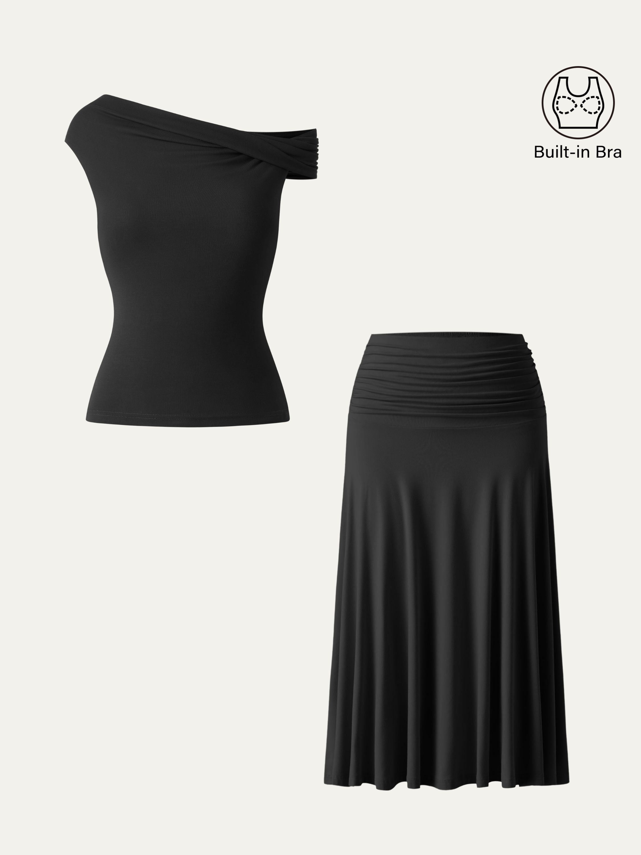 2Pcs Set Multi-wear Bra Top & Side Ruched A-line Midi Skirt