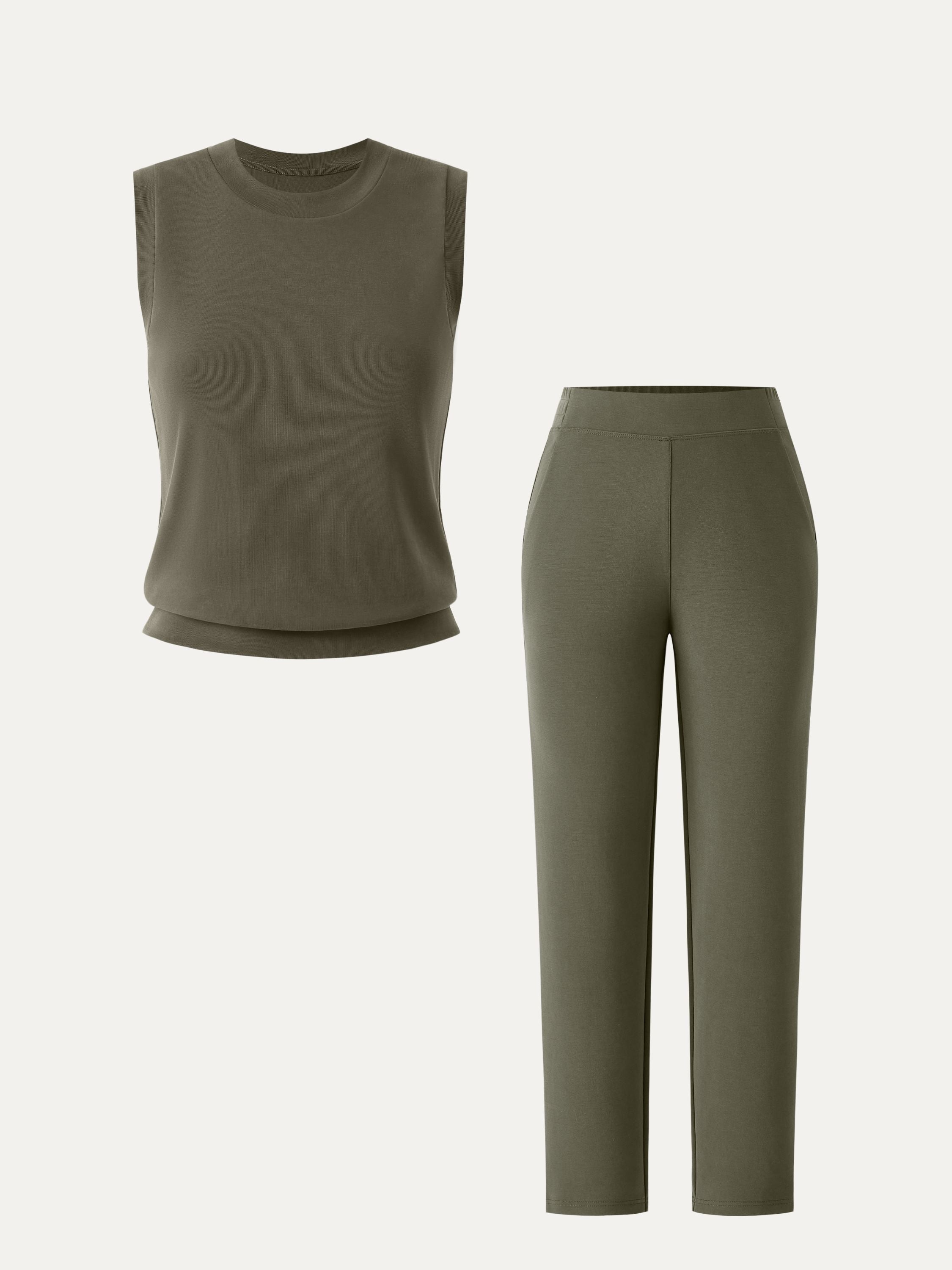 2Pcs Set Crewneck Tee & Mid Rise Tapered with Pockets