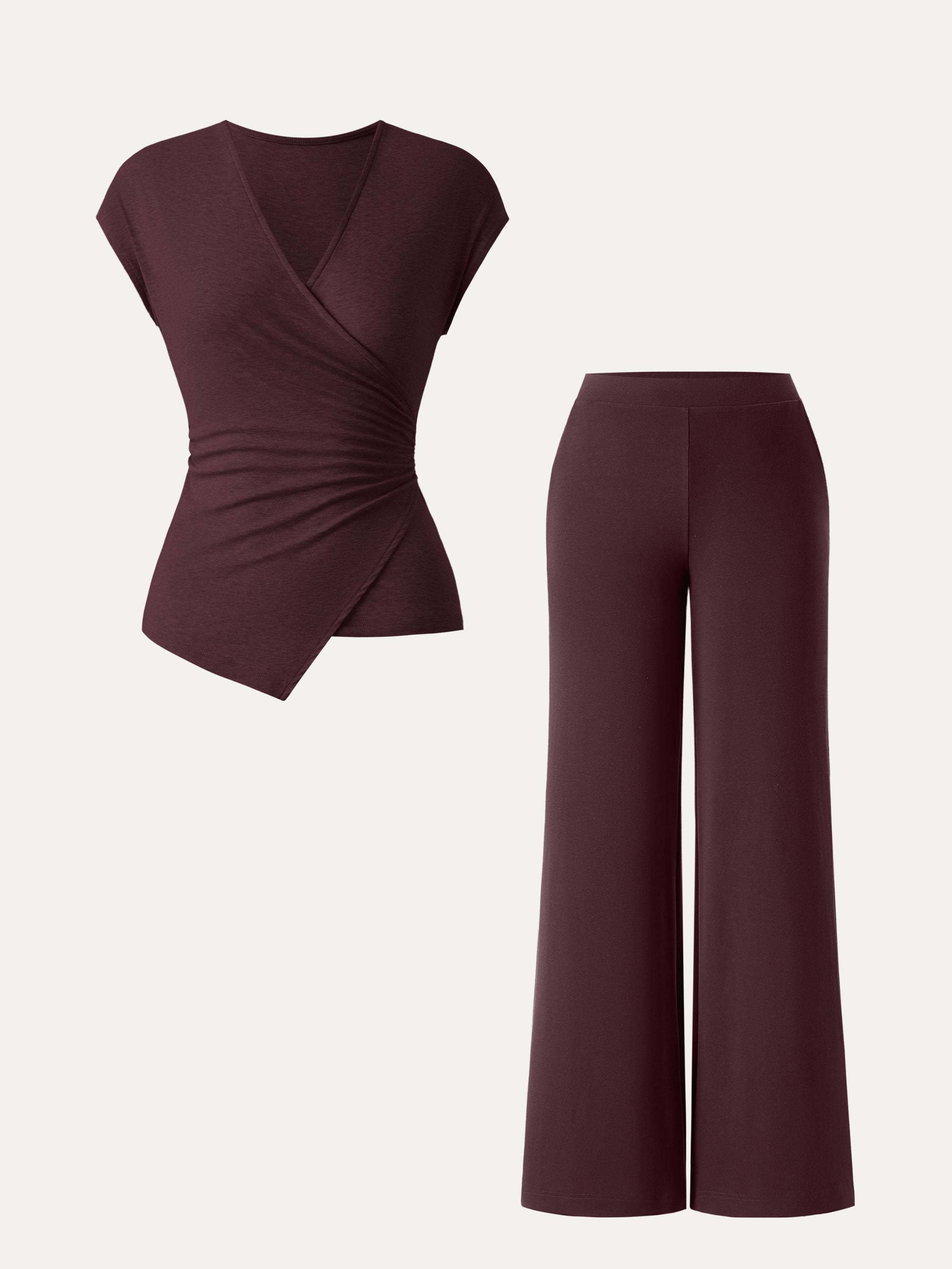 2Pcs Set Lyocell Wool Surplice Cap Sleeve Top & Mid Rise Wide Leg Pants with Pockets