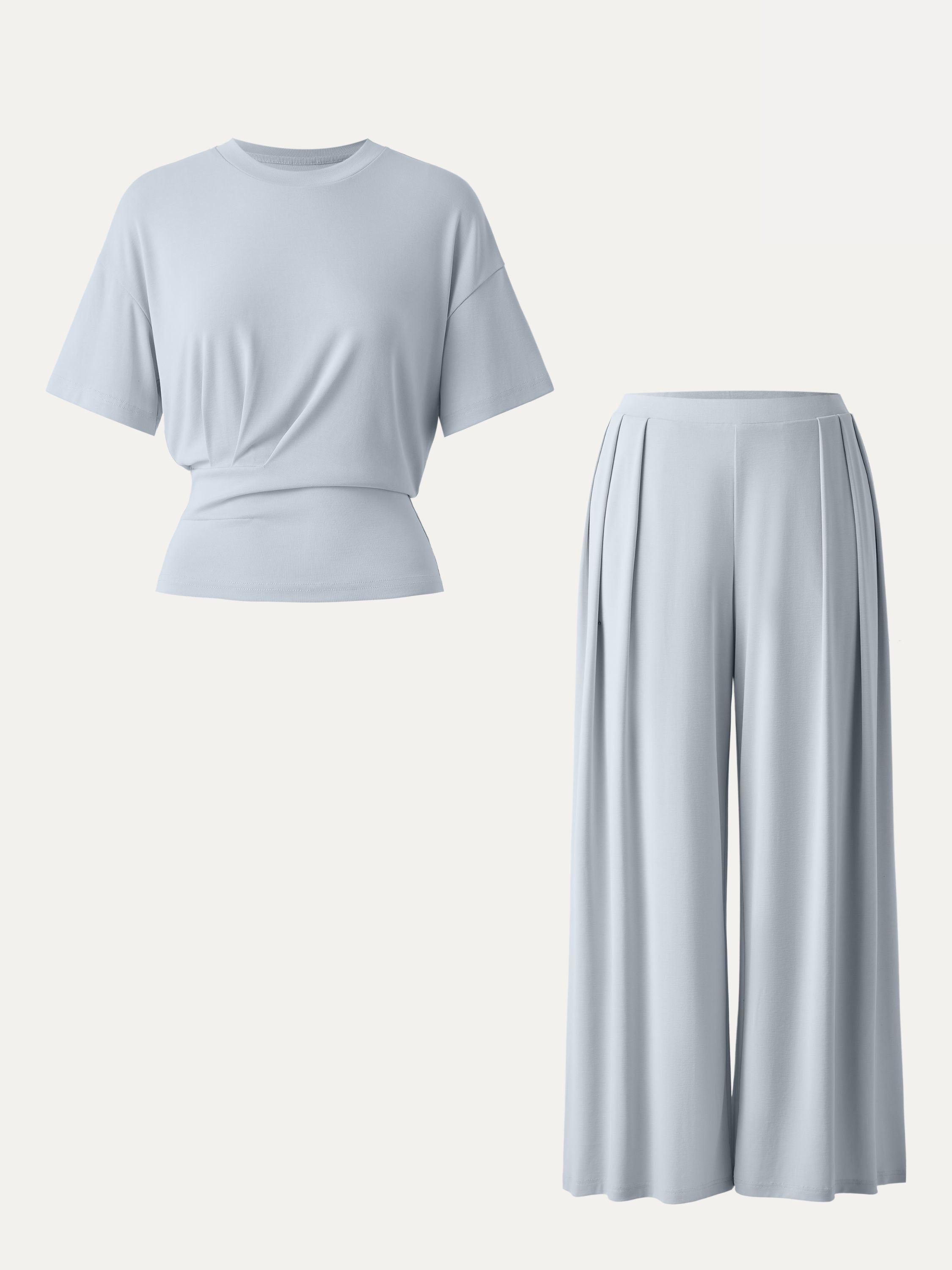 2Pcs Set Crewneck Short Sleeve Tee & Mid Rise Pleated Wide Leg Pants with Pockets