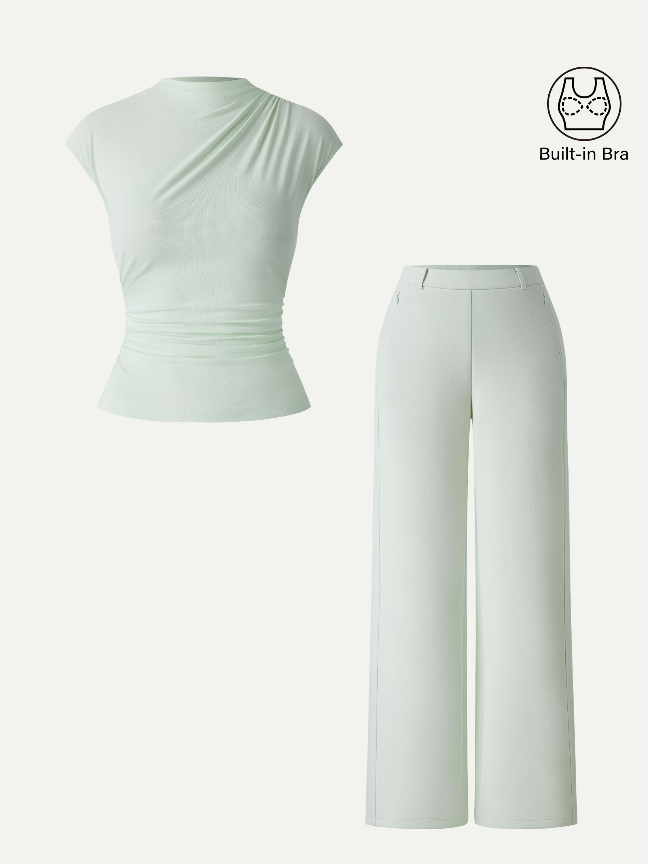 2Pcs Set Mockneck Cropped Bra Top & Slimming High Rise Wide Leg Pants