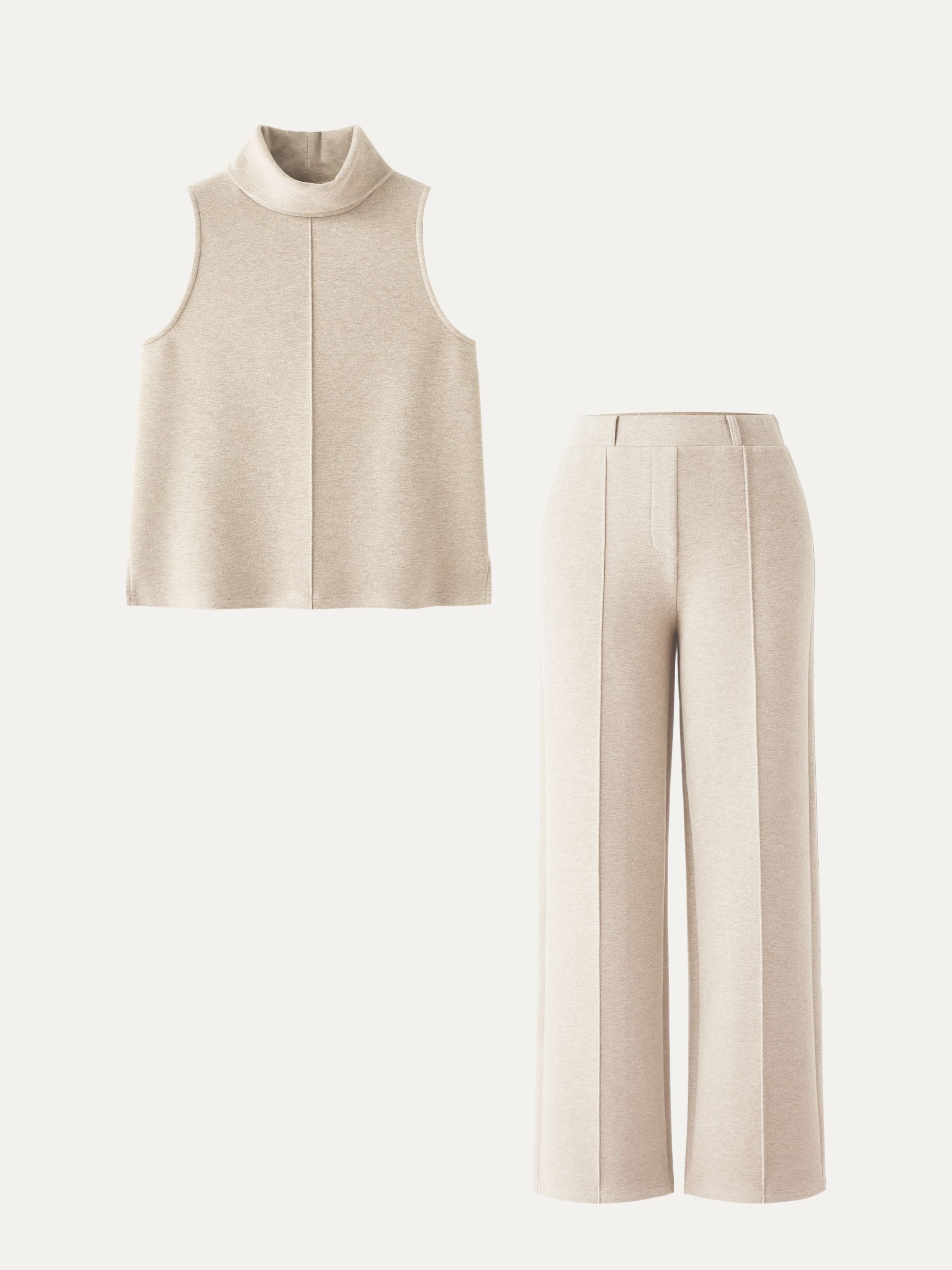 2Pcs Set Petite High Waisted Straight Leg Pant & Split Hem Top