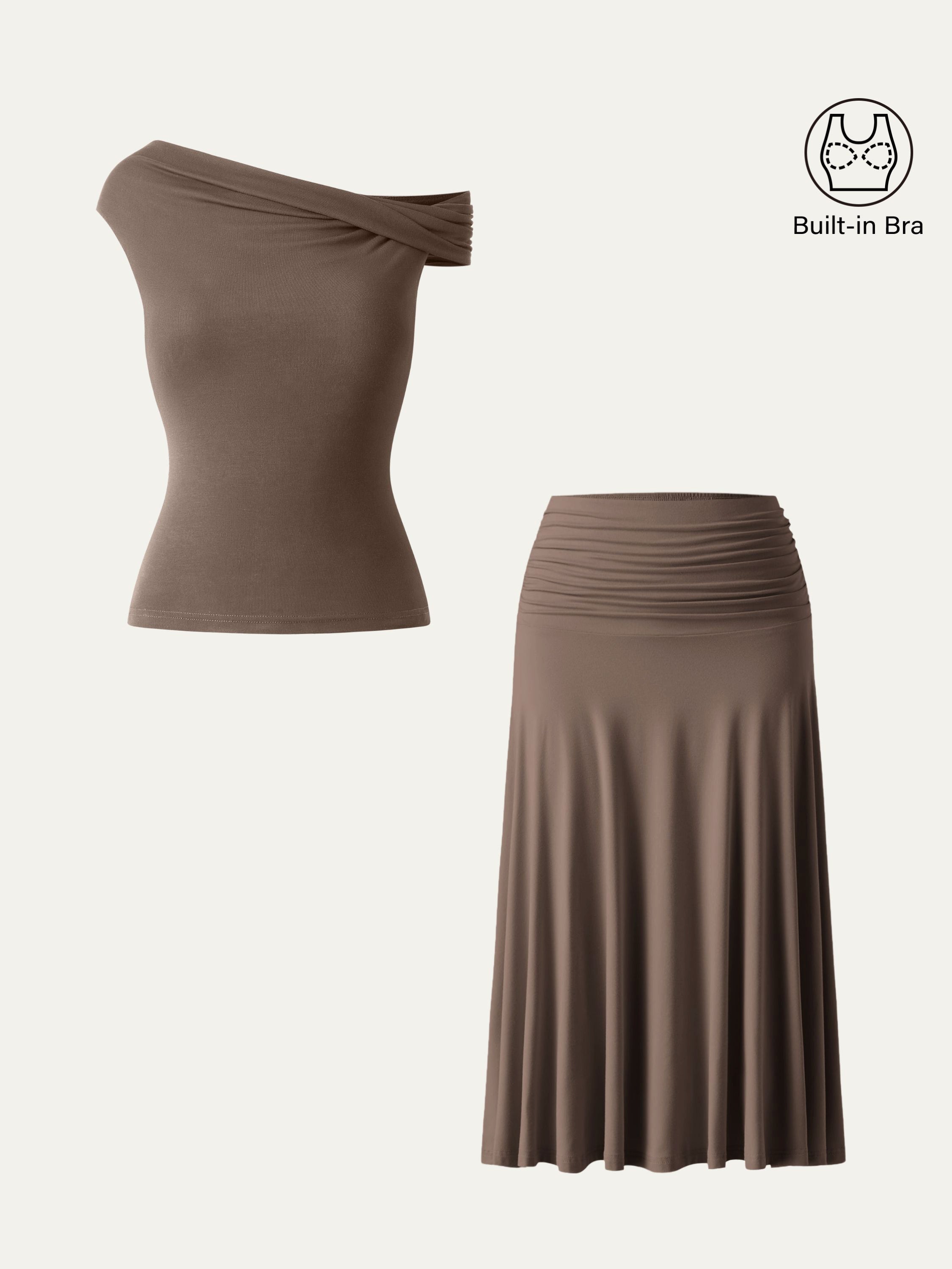 2Pcs Set Multi-wear Bra Top & Side Ruched A-line Midi Skirt