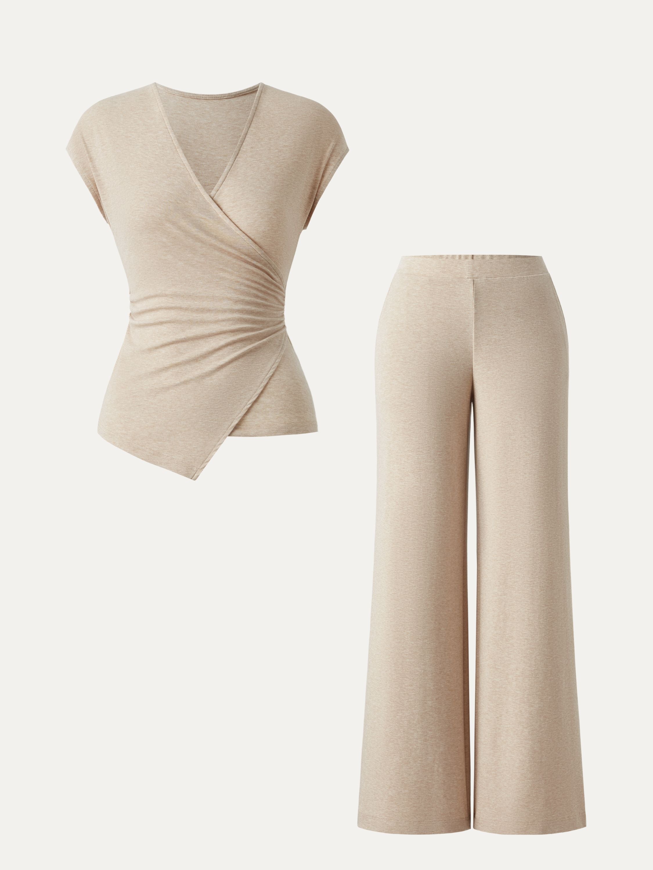 2Pcs Set Lyocell Wool Surplice Cap Sleeve Top & Mid Rise Wide Leg Pants with Pockets